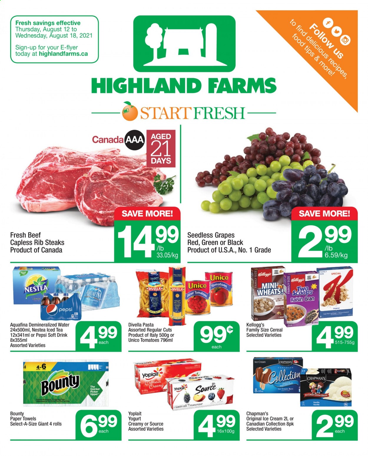 thumbnail - Circulaire Highland Farms - 12 Août 2021 - 18 Août 2021 - Produits soldés - Yoplait, Pepsi, Kellogg's, steak, raisins. Page 1.