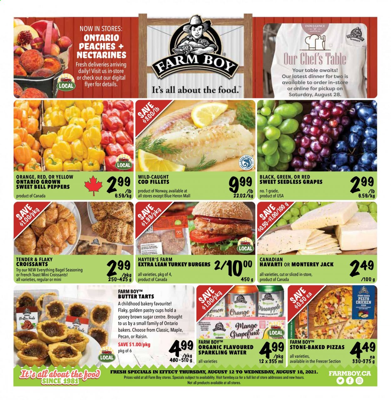 thumbnail - Farm Boy Flyer - August 12, 2021 - August 18, 2021 - Sales products - croissant, bell peppers, peppers, grapefruits, grapes, nectarines, seedless grapes, peaches, cod, pizza, hamburger, Monterey Jack cheese, Havarti, butter, cane sugar, spice, sparkling water, turkey burger. Page 1.