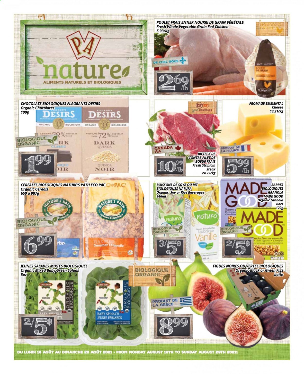 thumbnail - Circulaire PA Nature - 16 Août 2021 - 29 Août 2021 - Produits soldés - épinard, pommes, figue, poulet, emmental, fromage, granola, céréales, quinoa, cannelle, steak. Page 1.