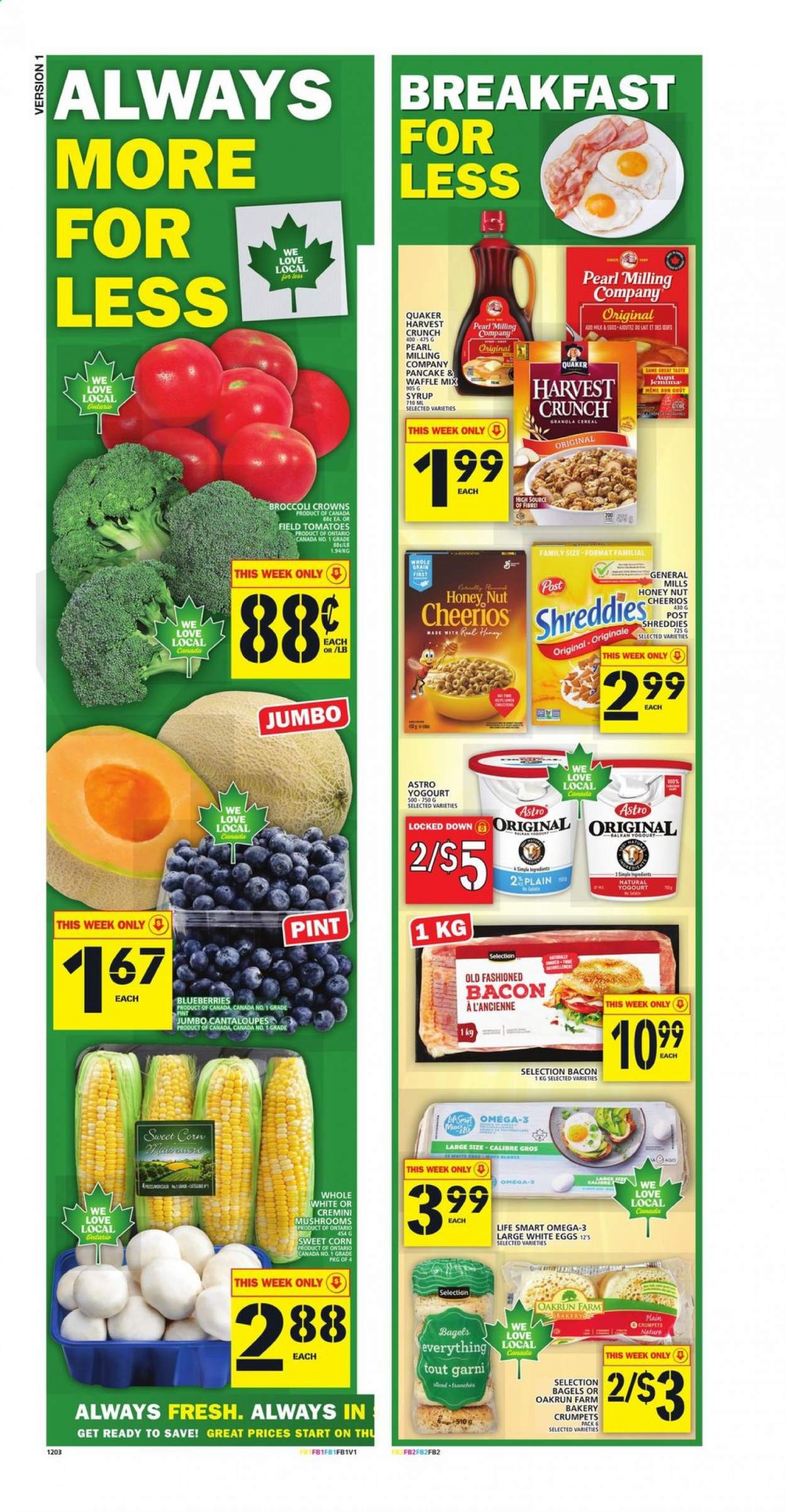 thumbnail - Food Basics Flyer - August 12, 2021 - August 18, 2021 - Sales products - bagels, crumpets, cantaloupe, corn, tomatoes, pancakes, Quaker, bacon, milk, eggs, cereals, Cheerios, syrup, Love Nature, Omega-3, granola. Page 2.