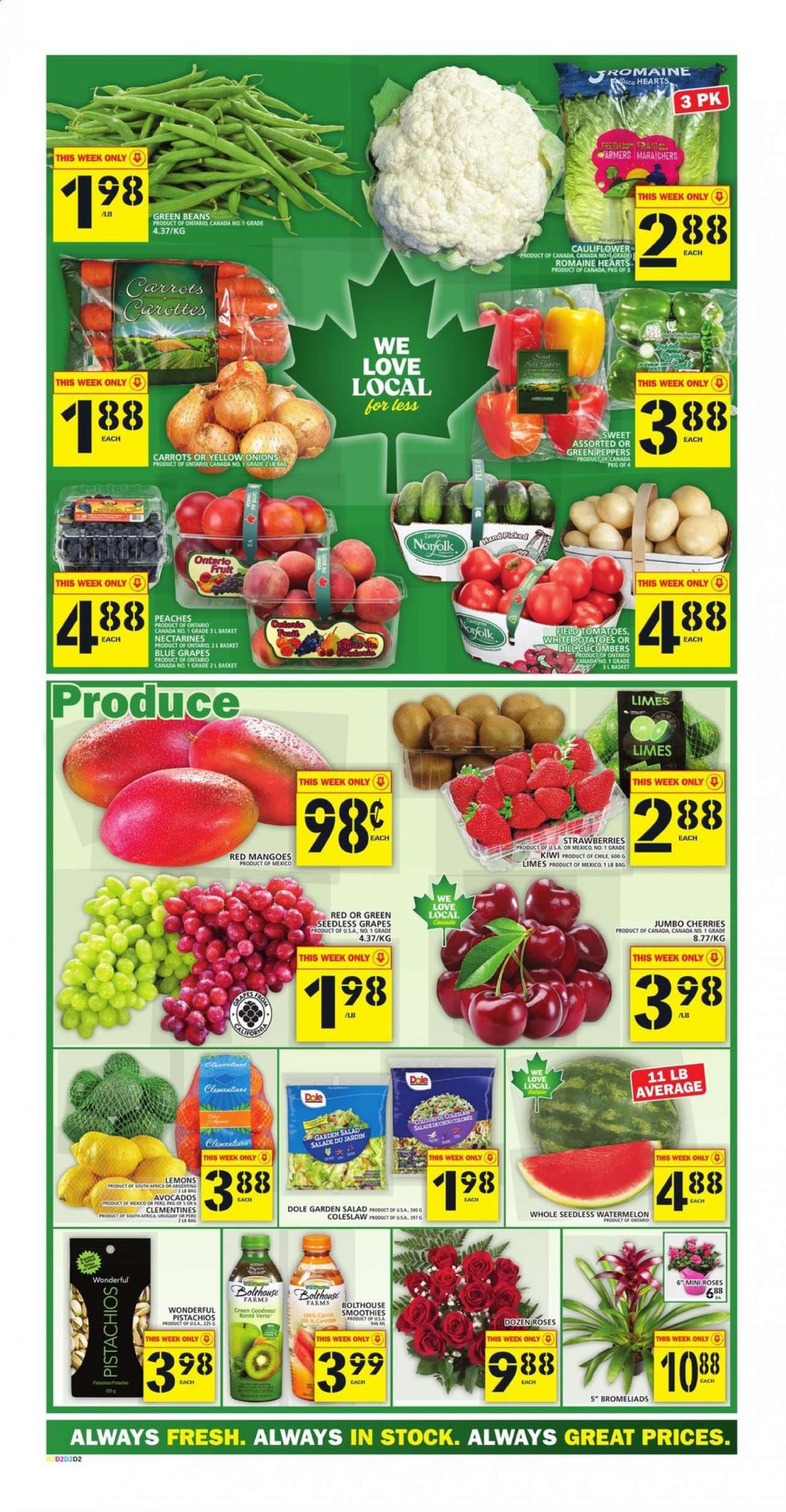 thumbnail - Food Basics Flyer - August 12, 2021 - August 18, 2021 - Sales products - beans, carrots, cauliflower, cucumber, green beans, potatoes, onion, salad, Dole, peppers, avocado, clementines, grapes, limes, mango, nectarines, seedless grapes, strawberries, watermelon, cherries, lemons, peaches, coleslaw, dill, pistachios, smoothie, kiwi. Page 3.