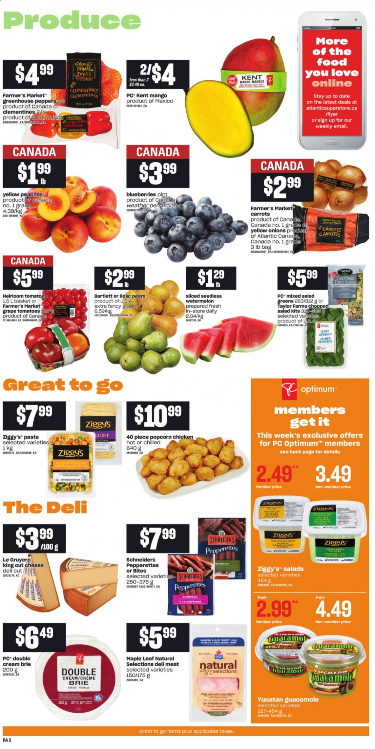 thumbnail - Atlantic Superstore Flyer - August 12, 2021 - August 18, 2021 - Sales products - tomatoes, onion, chopped salad, clementines, watermelon, pears, peaches, pasta, ham, pepperoni, guacamole, Gruyere, cheese, brie, popcorn, Optimum, salad greens. Page 3.