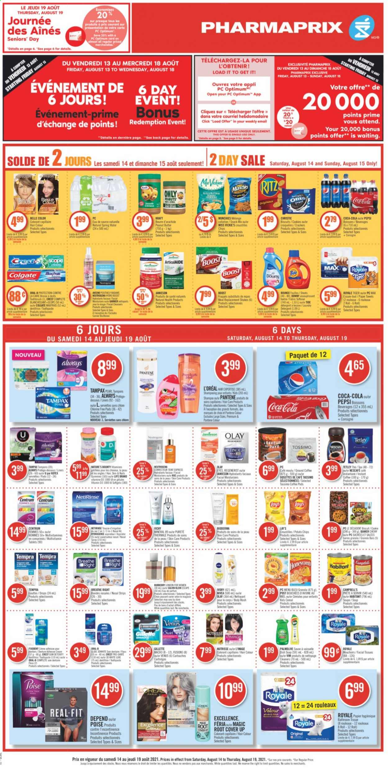 thumbnail - Pharmaprix Flyer - August 14, 2021 - August 19, 2021 - Sales products - Campbell's, soup, Quaker, Kraft®, shake, cookies, snack, crackers, biscuit, RITZ, potato chips, Lay’s, cereals, granola bar, peanut butter, Coca-Cola, Pepsi, spring water, Boost, coffee pods, instant coffee, ground coffee, Aveeno, bath tissue, kitchen towels, paper towels, Tide, fabric softener, Bounce, body wash, Vichy, Palmolive, soap, toothbrush, Fixodent, Crest, Kotex, tampons, facial tissues, L’Oréal, moisturizer, Olay, hair color, Venus, multivitamin, Nature's Bounty, vitamin D3, Centrum, nasal spray, Oreo, Garnier, Gillette, Neutrogena, shampoo, Tampax, Pantene, Nivea, Oral-B, chips, Nescafé. Page 1.