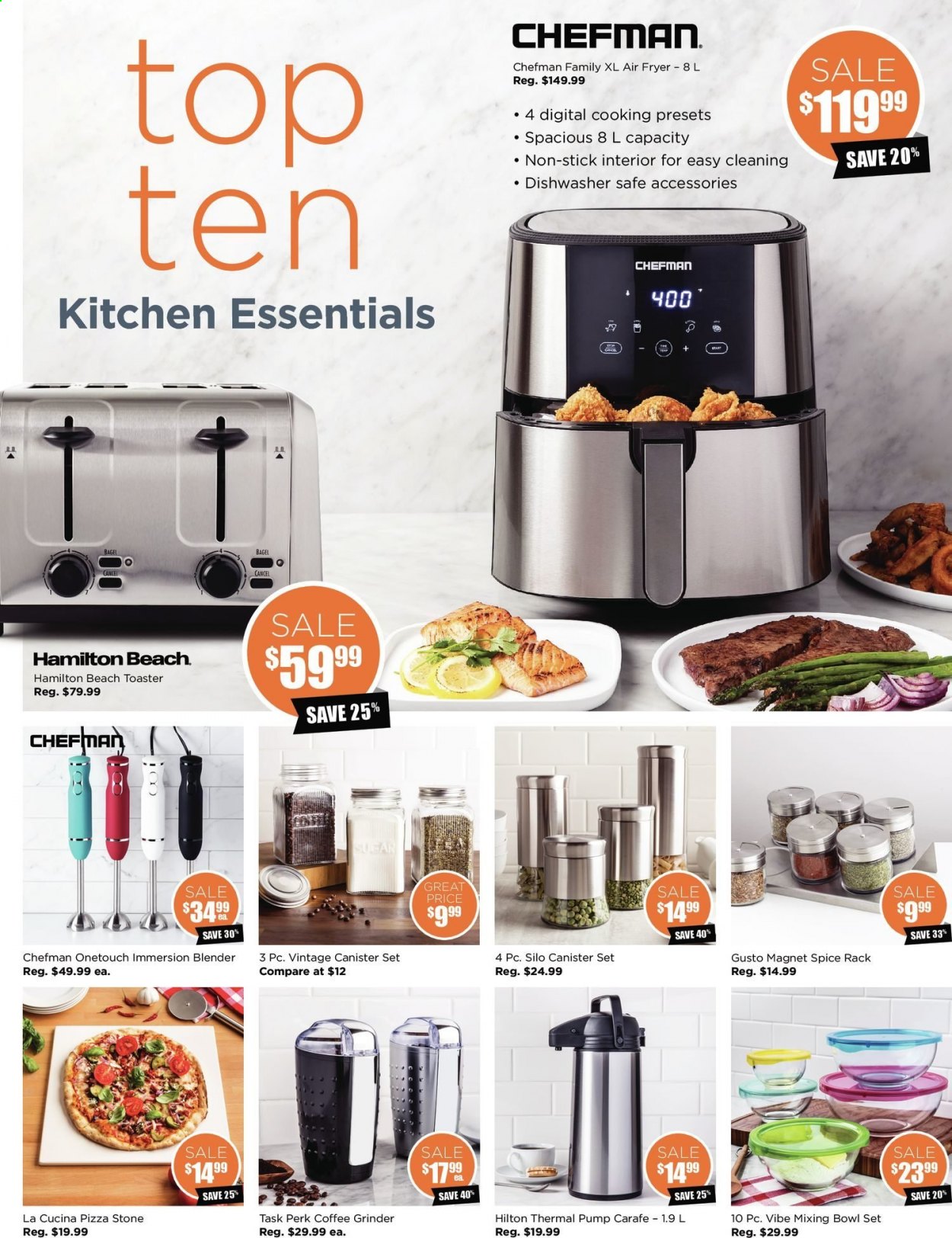thumbnail - Kitchen Stuff Plus Flyer - August 12, 2021 - August 22, 2021 - Sales products - canister, bijzettafel, mixing bowl, coffee grinder, bowl set, bowl, Chefman, air fryer, grinder, toaster. Page 19.