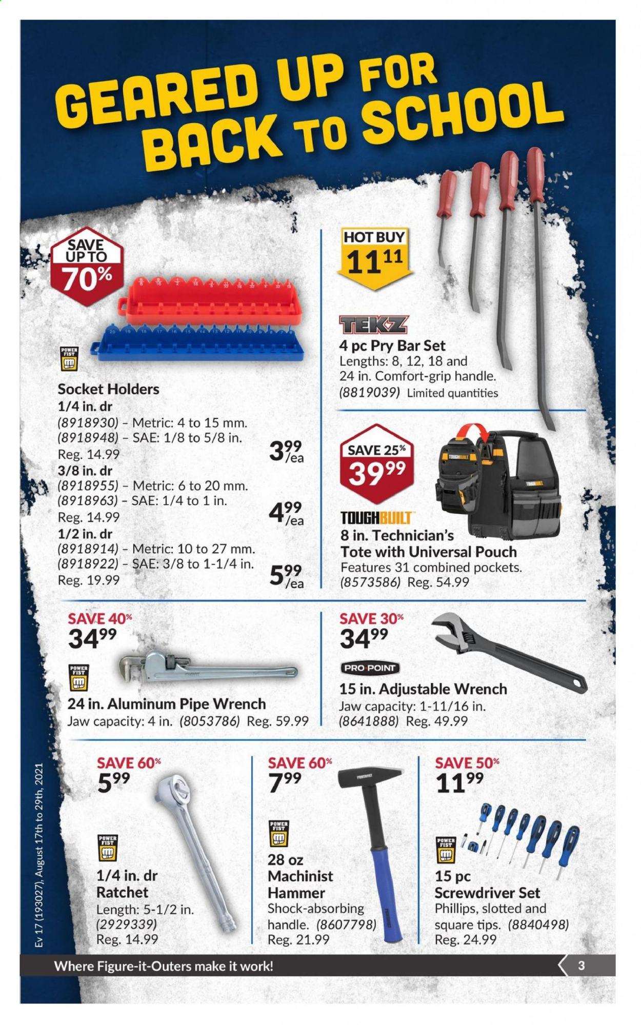 thumbnail - Princess Auto Flyer - August 17, 2021 - August 29, 2021 - Sales products - screwdriver, hammer, wrench, pry bar, screwdriver set. Page 3.