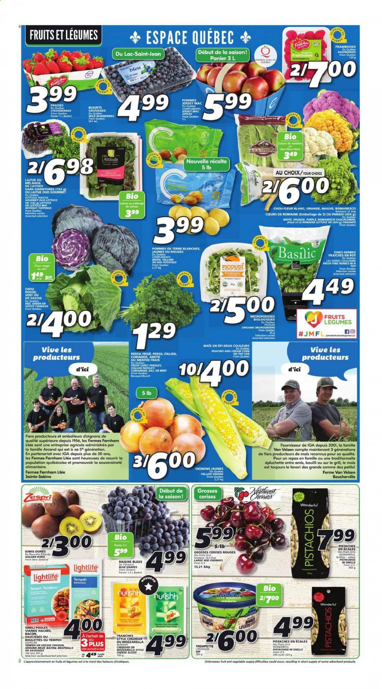 thumbnail - IGA Flyer - August 19, 2021 - August 25, 2021 - Sales products - cabbage, corn, potatoes, parsley, parsnips, onion, lettuce, red potatoes, apples, blueberries, grapes, cherries, peaches, meatballs, bacon, sausage, sliced cheese, cheddar, cheese, dip, Merci, dill, coriander, dried fruit, pistachios, kiwi, raisins. Page 3.