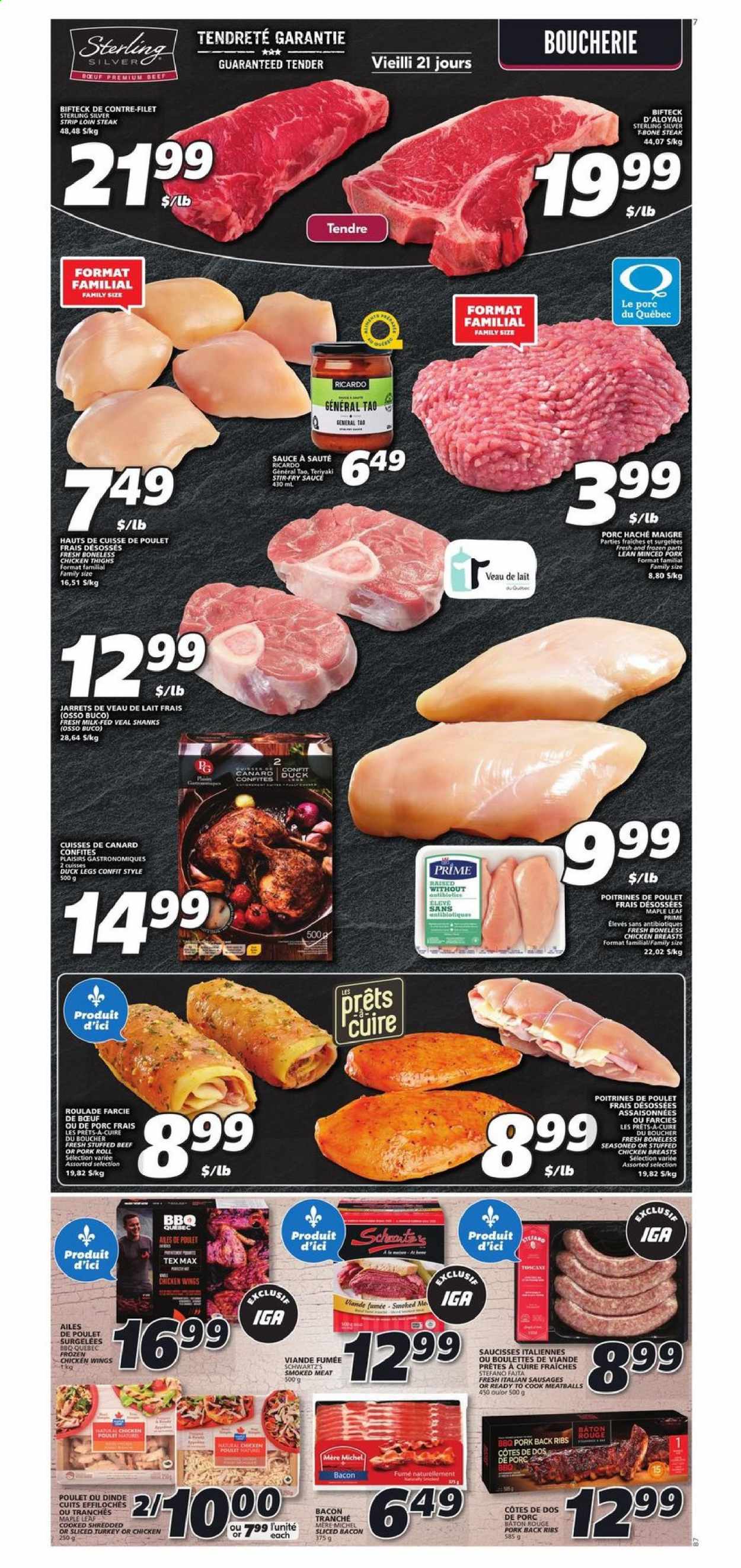 thumbnail - IGA Flyer - August 19, 2021 - August 25, 2021 - Sales products - meatballs, sauce, stuffed chicken, bacon, sliced turkey, sausage, milk, chicken wings, chicken thighs, chicken, duck meat, duck leg, veal meat, pork meat, pork ribs, pork back ribs, steak. Page 4.