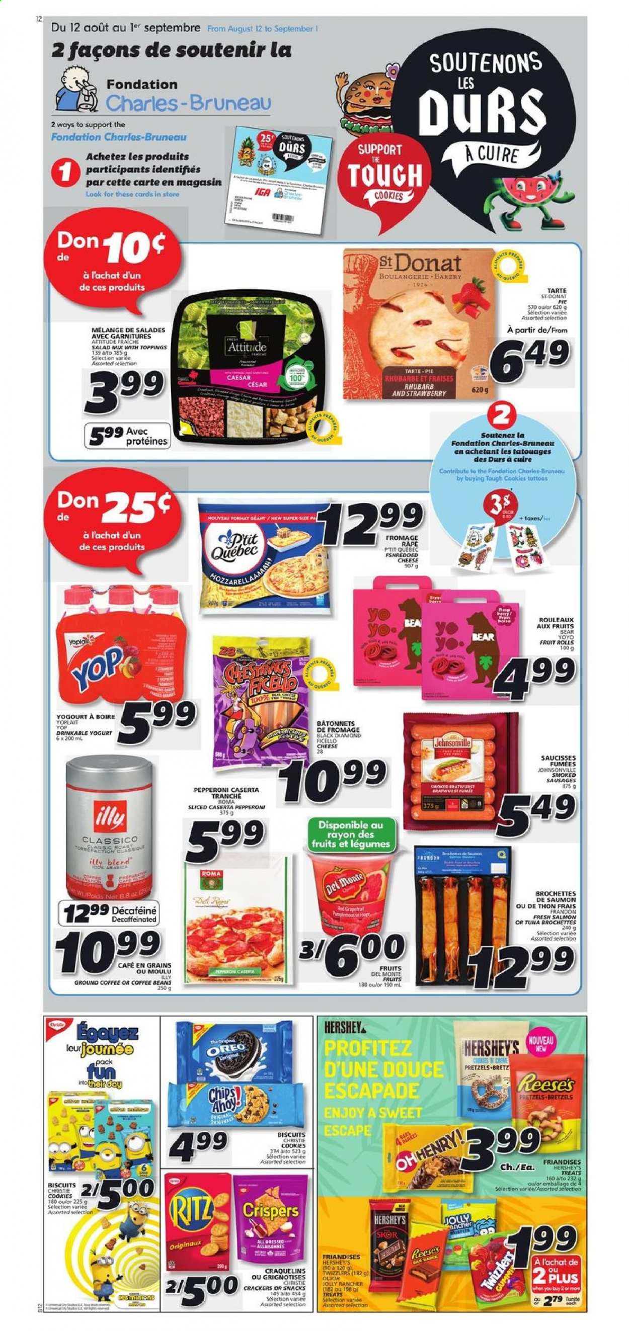 thumbnail - IGA Flyer - August 19, 2021 - August 25, 2021 - Sales products - pretzels, pie, salmon, tuna, Johnsonville, pepperoni, cheese, yoghurt, Yoplait, Reese's, Hershey's, cookies, crackers, biscuit, RITZ, fruit rolls, Classico, coffee beans, ground coffee, Illy, Oreo, chips. Page 9.