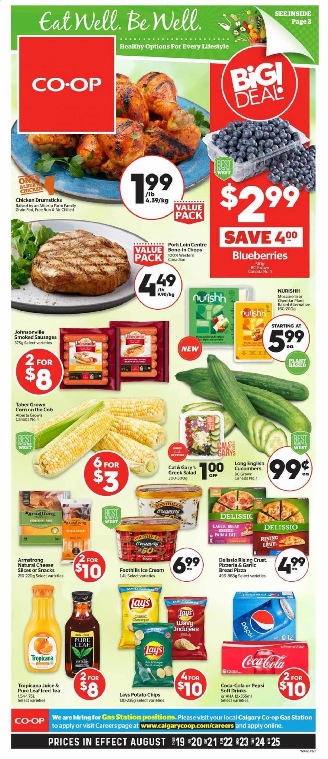 thumbnail - Calgary Co-op Flyer - August 19, 2021 - August 25, 2021 - Sales products - bread, corn, cucumber, salad, blueberries, pizza, Johnsonville, sausage, sliced cheese, ice cream, potato chips, Lay’s, Coca-Cola, Pepsi, juice, ice tea, soft drink, Pure Leaf, chicken drumsticks, chicken, pork loin, pork meat, chips. Page 1.