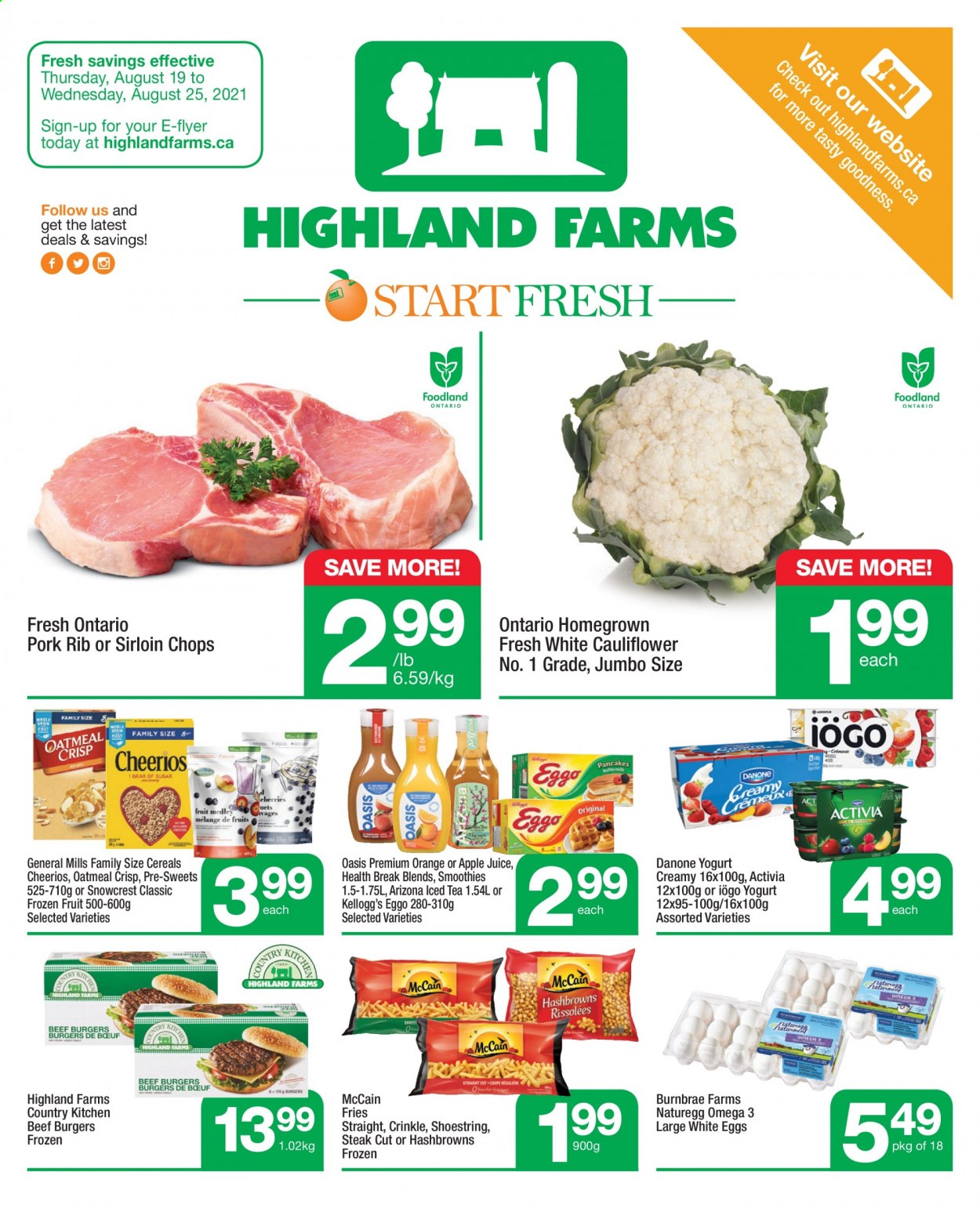 thumbnail - Circulaire Highland Farms - 19 Août 2021 - 25 Août 2021 - Produits soldés - Danone, Oasis, McCain, Activia, Kellogg's, steak. Page 1.