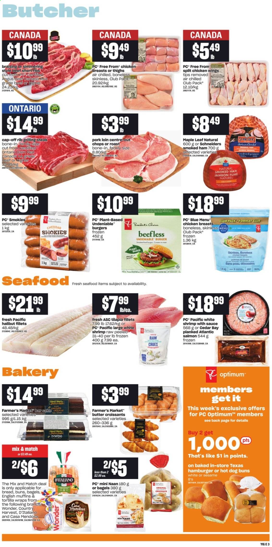 thumbnail - Independent Flyer - August 19, 2021 - August 25, 2021 - Sales products - bagels, english muffins, tortillas, cake, croissant, buns, wraps, salmon, tilapia, halibut, seafood, shrimps, ham, smoked ham, cheddar, cheese, Country Harvest, chicken wings, chocolate, chicken breasts, beef meat, pork loin, pork meat, Optimum, steak. Page 5.