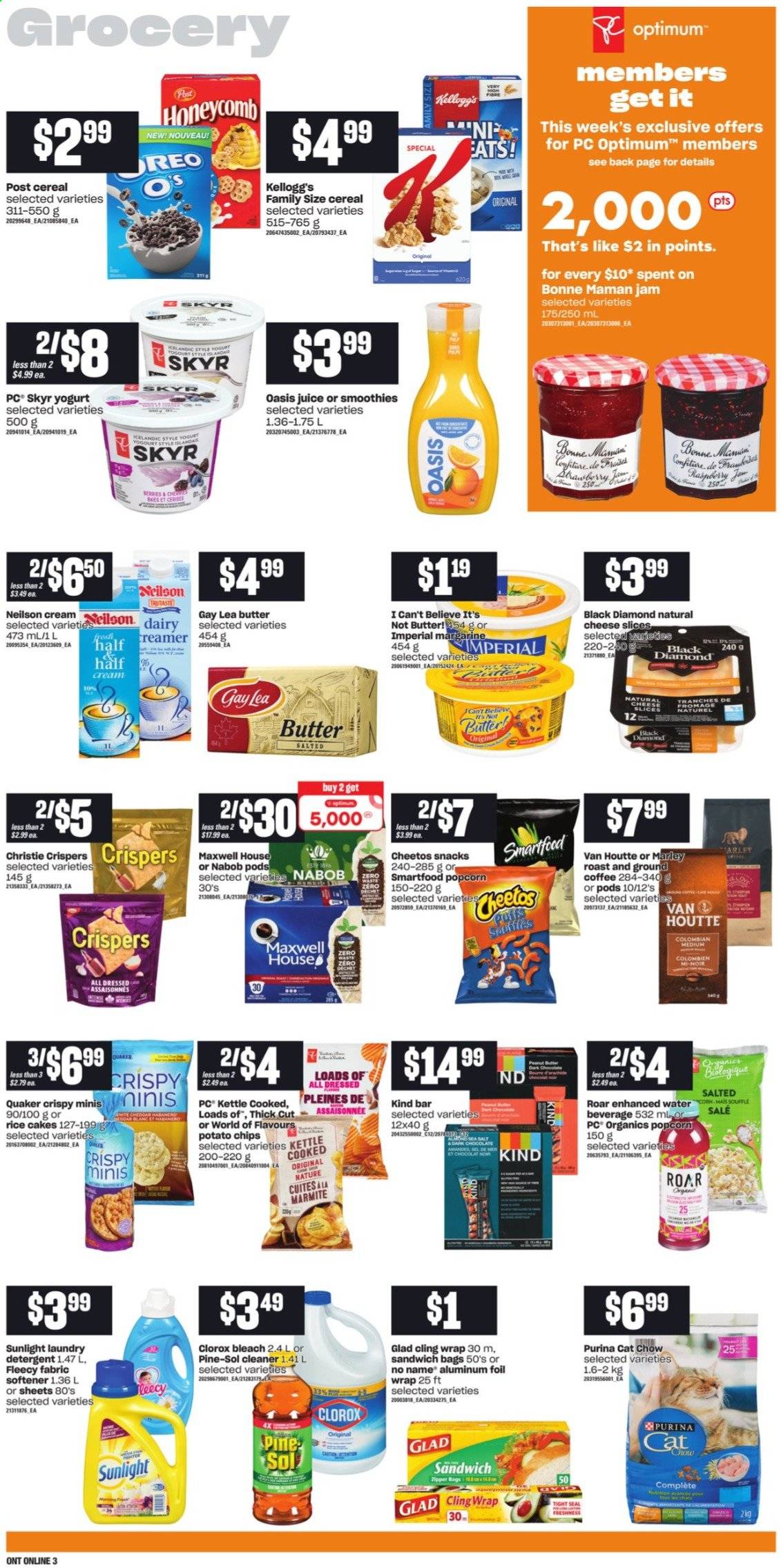 thumbnail - Independent Flyer - August 19, 2021 - August 25, 2021 - Sales products - corn, No Name, Quaker, sliced cheese, cheese, yoghurt, butter, margarine, I Can't Believe It's Not Butter, creamer, chocolate, snack, Kellogg's, potato chips, Cheetos, Smartfood, popcorn, cereals, fruit jam, juice, Maxwell House, coffee, ground coffee, cleaner, bleach, Clorox, Pine-Sol, fabric softener, laundry detergent, Sunlight, bag, aluminium foil, Purina, Optimum, chips. Page 6.