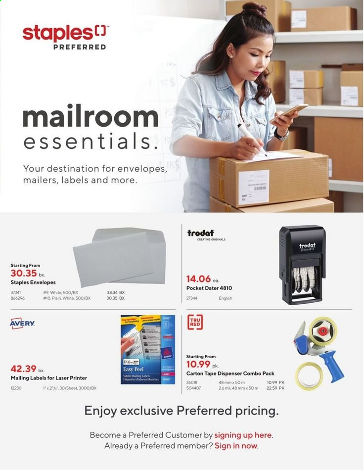 thumbnail - Staples Flyer - August 13, 2021 - August 31, 2021 - Sales products - envelope, tape dispenser, laser printer, printer. Page 1.