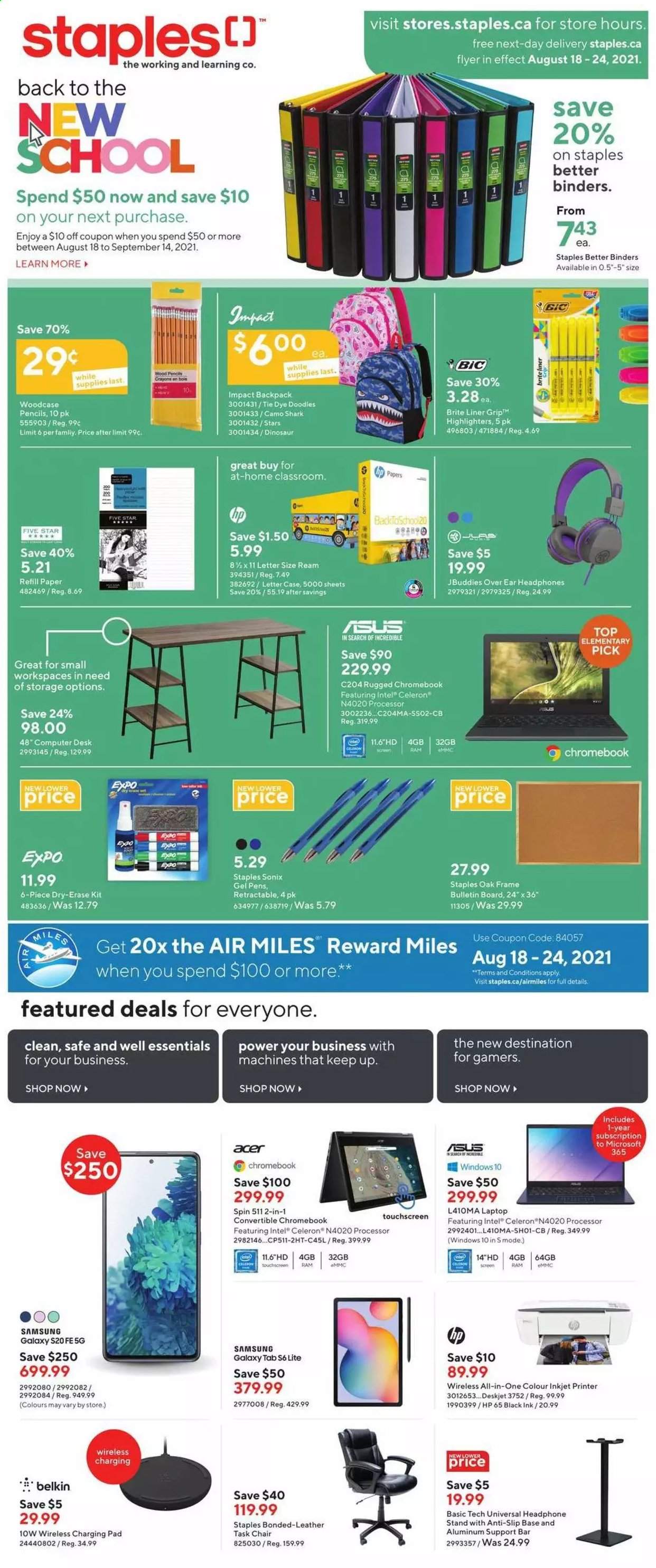 thumbnail - Staples Flyer - August 18, 2021 - August 24, 2021 - Sales products - Intel, Acer, Hewlett Packard, Samsung Galaxy, Samsung Galaxy Tab, pencil, Samsung, Samsung Galaxy S, Samsung Galaxy S20, laptop, chromebook, computer, ink printer, printer. Page 1.