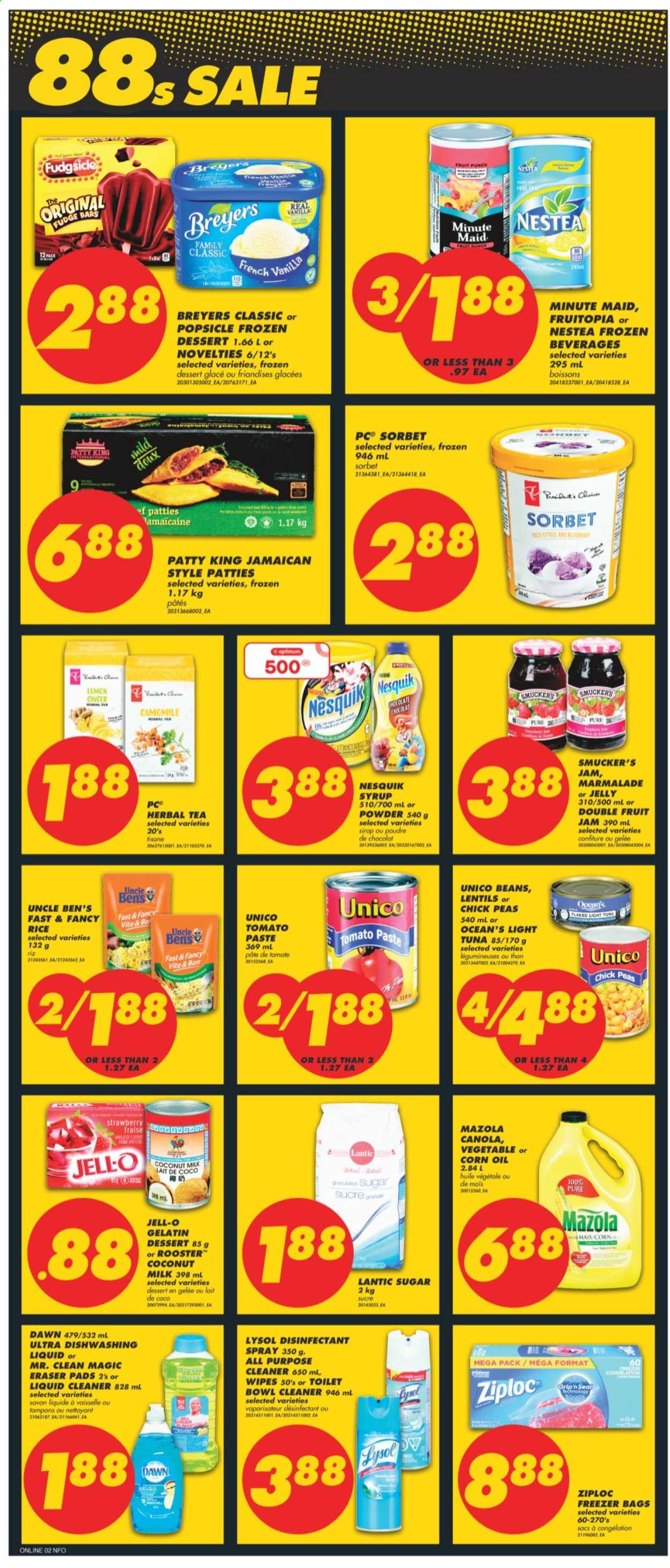 thumbnail - No Frills Flyer - August 19, 2021 - August 25, 2021 - Sales products - peas, tuna, fudge, jelly, sugar, Jell-O, coconut milk, lentils, tomato paste, light tuna, Uncle Ben's, rice, corn oil, fruit jam, syrup, fruit punch, tea, herbal tea, wipes, cleaner, liquid cleaner, all purpose cleaner, Lysol, dishwashing liquid, tampons, antibacterial spray, bag, Ziploc, freezer bag, eraser, Optimum, Nesquik, desinfection. Page 8.