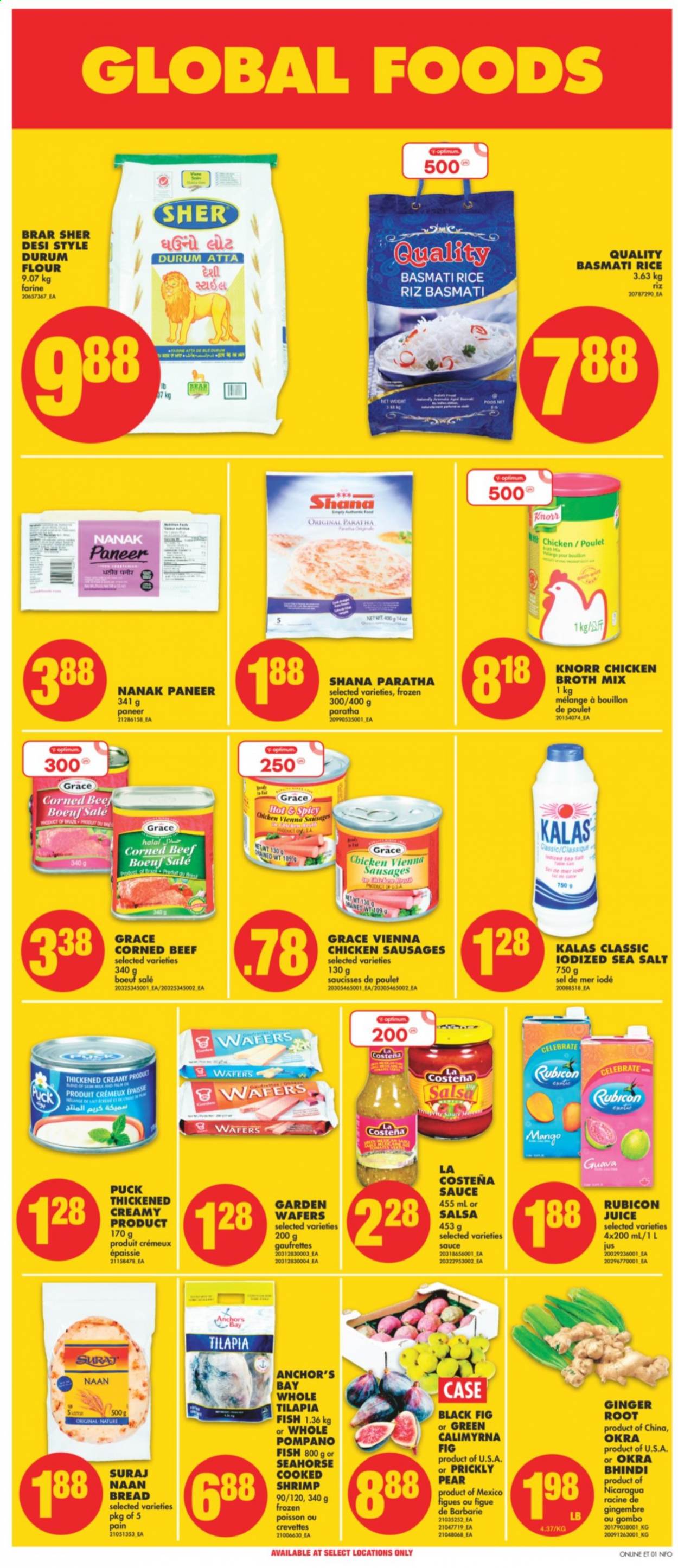 thumbnail - No Frills Flyer - August 19, 2021 - August 25, 2021 - Sales products - bread, ginger, okra, guava, pears, tilapia, pompano, fish, shrimps, sauce, sausage, vienna sausage, corned beef, paneer, Puck, Anchor, wafers, bouillon, flour, chicken broth, sea salt, broth, basmati rice, rice, salsa, juice, beef meat, Optimum, Knorr. Page 11.