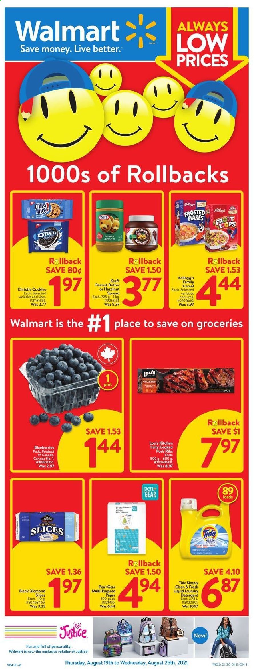 thumbnail - Circulaire Walmart - 19 Août 2021 - 25 Août 2021 - Produits soldés - Oreo, cookies, Kellogg's, Always, détergent. Page 1.