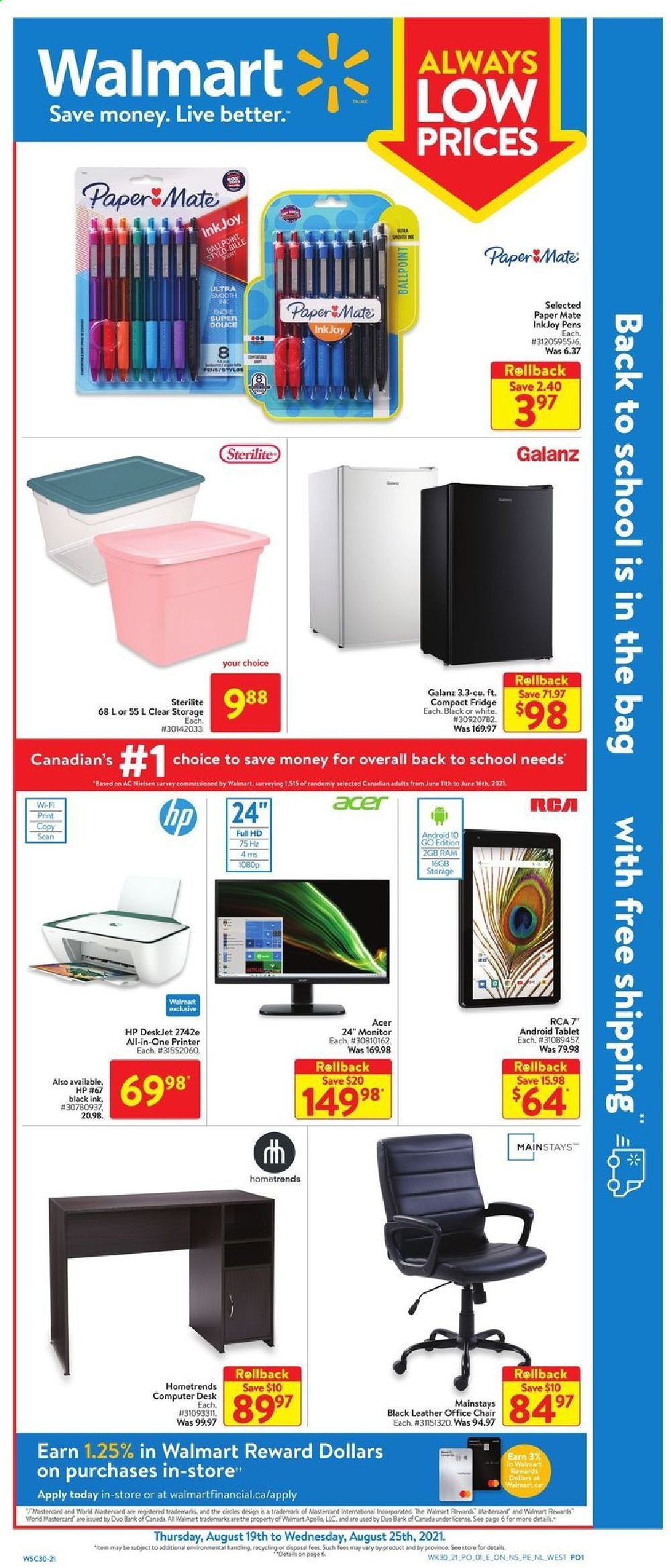 thumbnail - Circulaire Walmart - 19 Août 2021 - 25 Août 2021 - Produits soldés - Hewlett Packard, stylo, Acer, Always. Page 1.