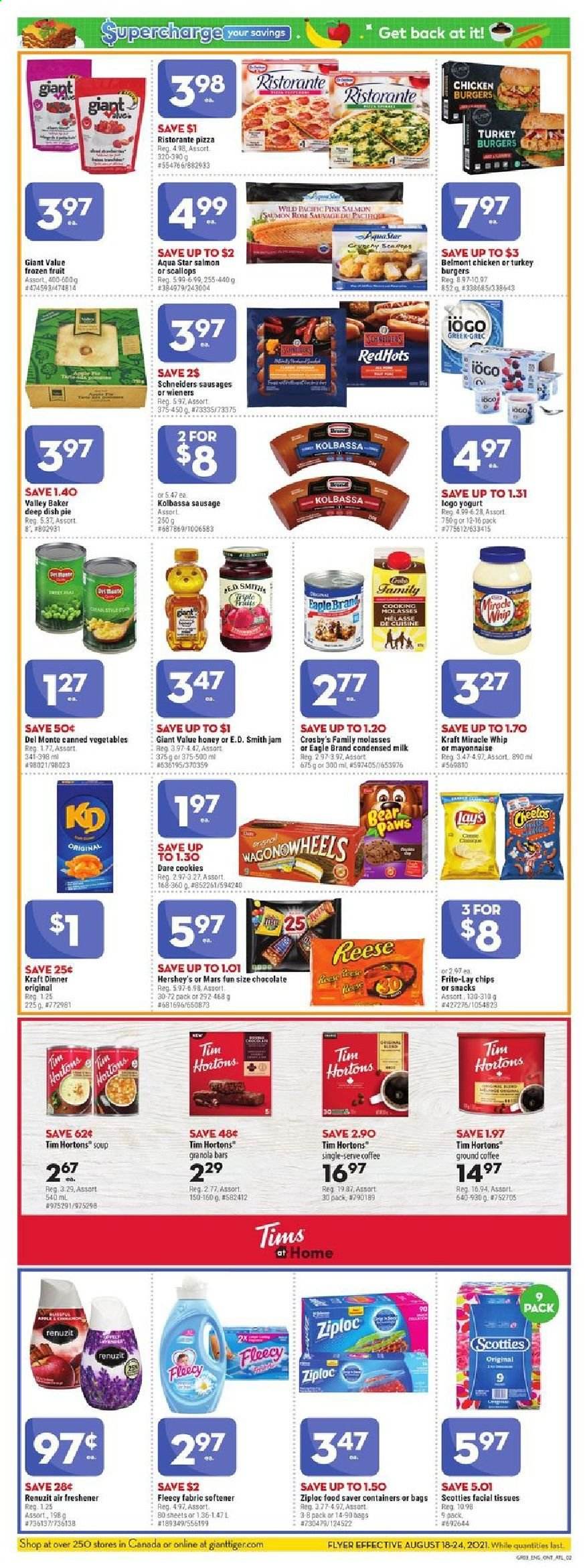 thumbnail - Giant Tiger Flyer - August 18, 2021 - August 24, 2021 - Sales products - pie, salmon, scallops, pizza, soup, hamburger, Kraft®, sausage, yoghurt, milk, condensed milk, Miracle Whip, Hershey's, cookies, chocolate, Mars, Cheetos, Lay’s, Frito-Lay, canned vegetables, granola bar, molasses, fruit jam, coffee, ground coffee, wine, rosé wine, turkey burger, tissues, fabric softener, facial tissues, bag, Ziploc, Renuzit, air freshener, Paws, rose, chips. Page 2.