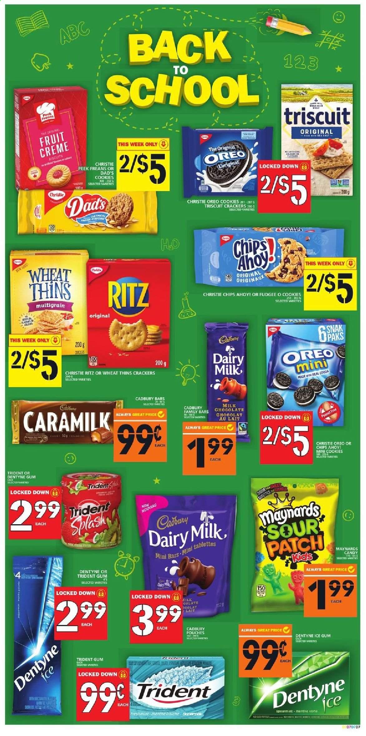 thumbnail - Food Basics Flyer - August 19, 2021 - August 25, 2021 - Sales products - cookies, milk chocolate, chocolate, crackers, biscuit, Cadbury, Dairy Milk, Trident, Chips Ahoy!, sour patch, RITZ, Thins, oatmeal, chips. Page 9.