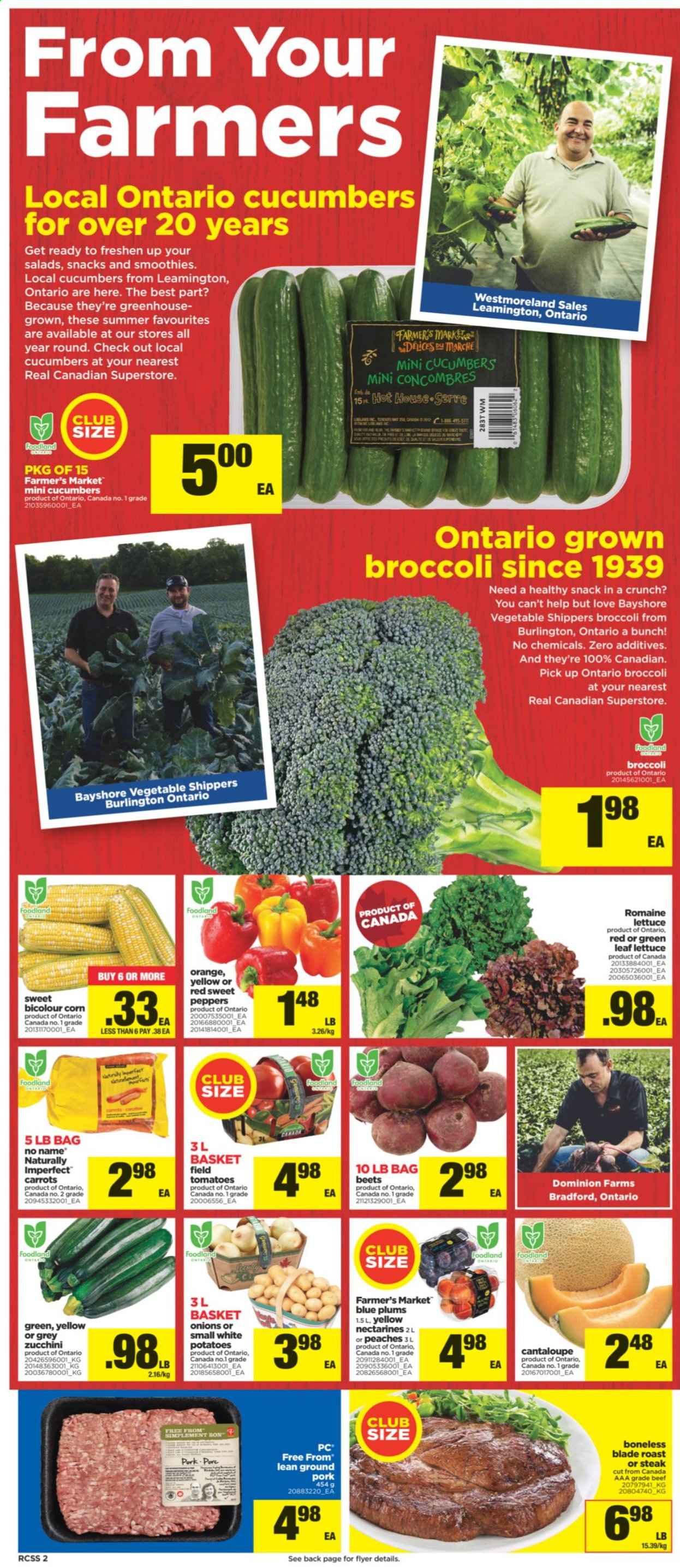 thumbnail - Real Canadian Superstore Flyer - August 19, 2021 - August 25, 2021 - Sales products - broccoli, cantaloupe, carrots, corn, cucumber, tomatoes, zucchini, potatoes, onion, lettuce, peppers, nectarines, plums, peaches, No Name, ground pork, greenhouse, steak. Page 2.