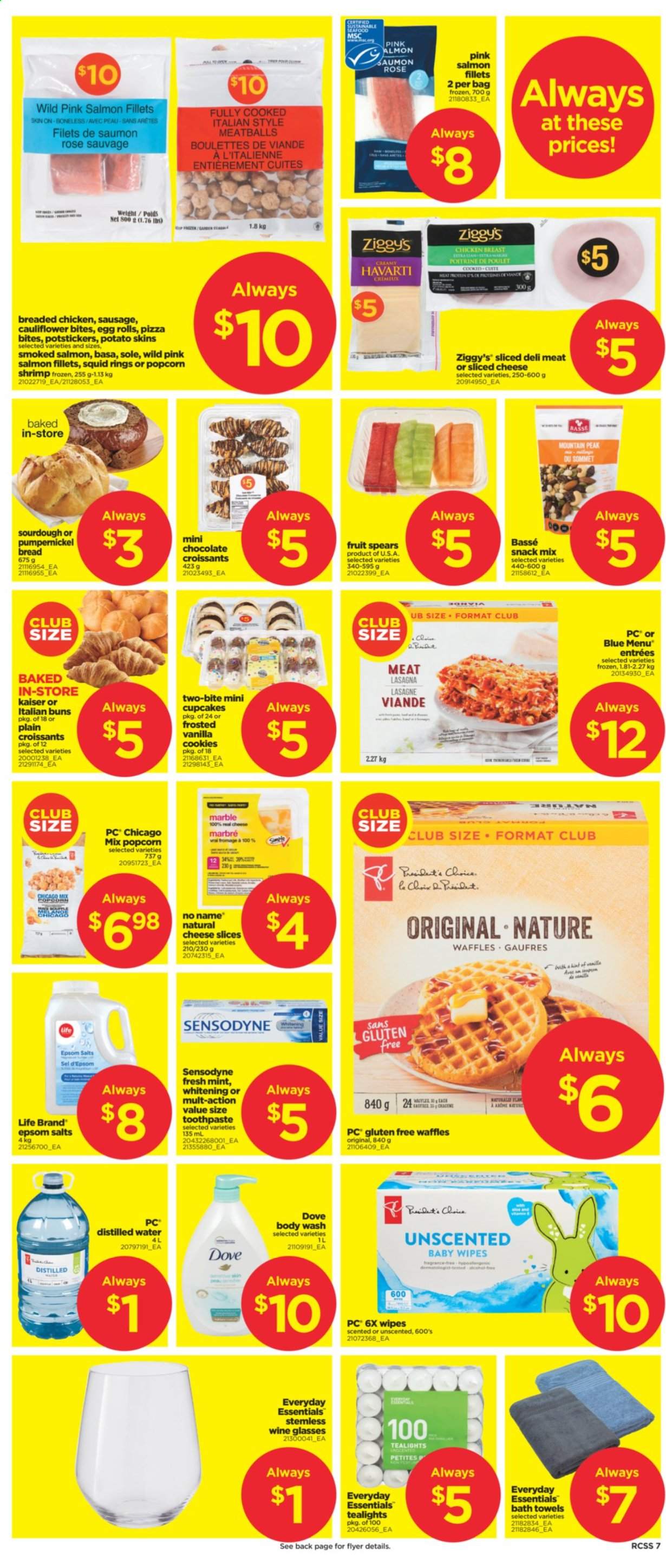 thumbnail - Real Canadian Superstore Flyer - August 19, 2021 - August 25, 2021 - Sales products - bread, croissant, buns, cupcake, waffles, salmon, salmon fillet, smoked salmon, squid, seafood, shrimps, squid rings, No Name, pizza, meatballs, egg rolls, lasagna meal, sausage, sliced cheese, Havarti, Rama, cookies, chocolate, snack, wine, rosé wine, chicken, wipes, baby wipes, body wash, toothpaste, fragrance, bag, wine glass, bath towel, towel, Sensodyne. Page 7.