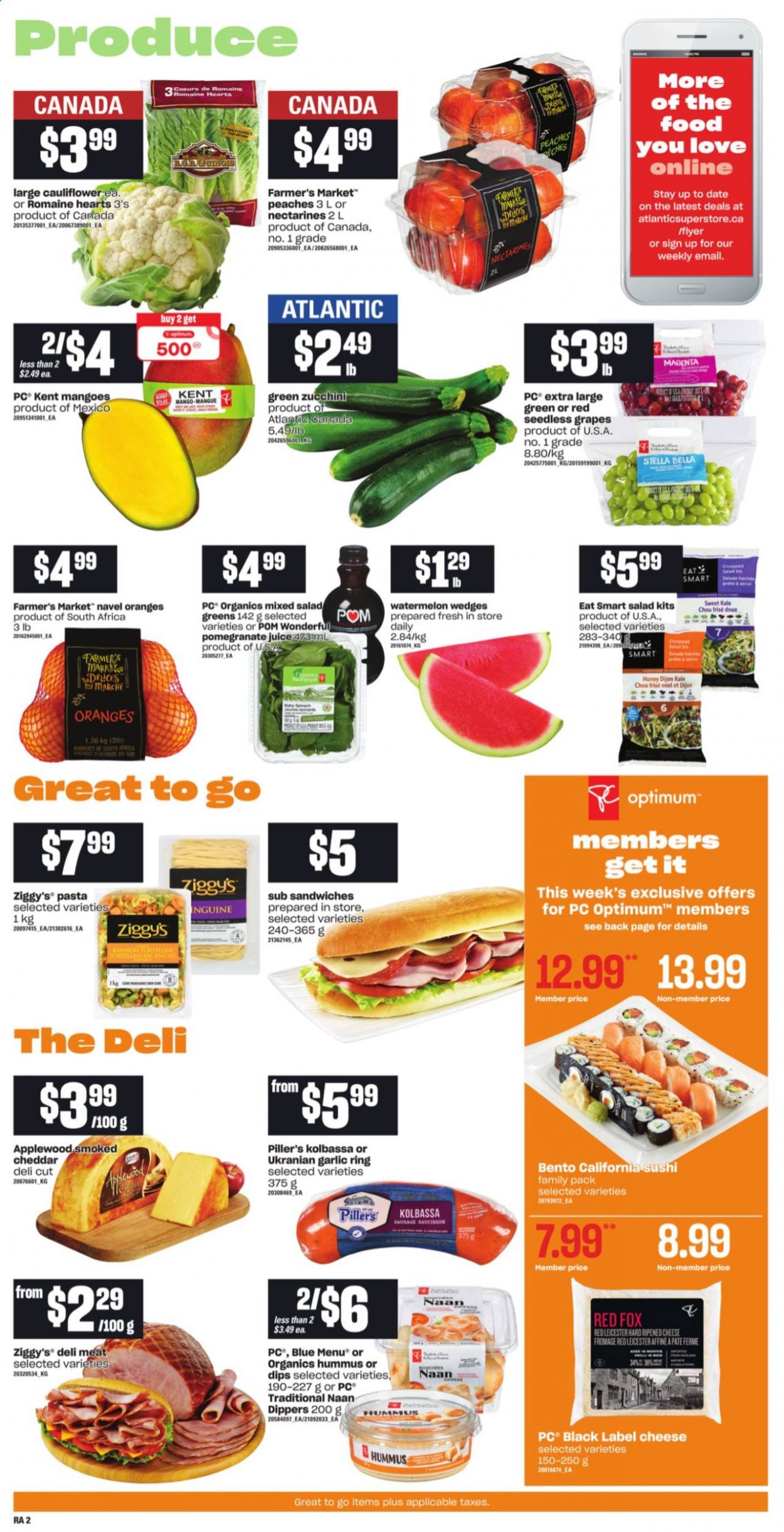 thumbnail - Atlantic Superstore Flyer - August 19, 2021 - August 25, 2021 - Sales products - Bella, cauliflower, garlic, zucchini, kale, salad, chopped salad, grapes, mango, nectarines, seedless grapes, watermelon, pomegranate, peaches, navel oranges, sandwich, pasta, sausage, hummus, Red Leicester, cheddar, cheese, honey, juice, L'Or, Optimum, salad greens. Page 3.