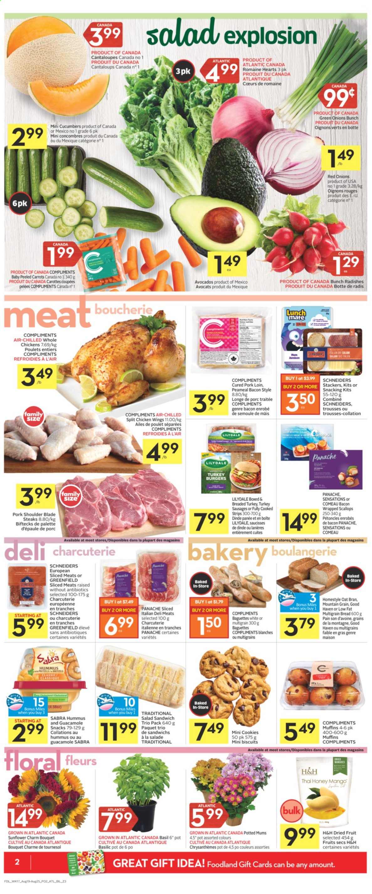 thumbnail - Co-op Flyer - August 19, 2021 - August 25, 2021 - Sales products - bread, multigrain bread, pretzels, muffin, cantaloupe, carrots, cucumber, radishes, red onions, salad, green onion, mango, bacon wrapped scallops, scallops, sandwich, hamburger, bacon, salami, ham, sausage, hummus, guacamole, chicken wings, strips, cookies, snack, biscuit, oats, esponja, honey, dried fruit, whole chicken, turkey burger, pork loin, pork meat, pork shoulder, steak. Page 2.