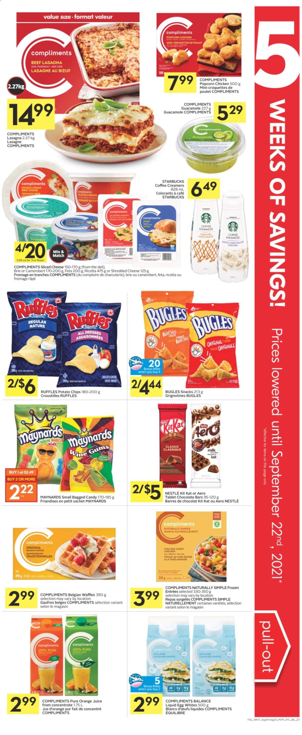 thumbnail - Co-op Flyer - August 19, 2021 - August 25, 2021 - Sales products - waffles, jalapeño, lasagna meal, red curry, guacamole, shredded cheese, sliced cheese, brie, feta, milk, eggs, potato croquettes, white chocolate, snack, KitKat, Sour Patch, chocolate bar, potato chips, popcorn, Ruffles, caramel, orange juice, juice, coffee, Starbucks, Nestlé, ricotta. Page 3.