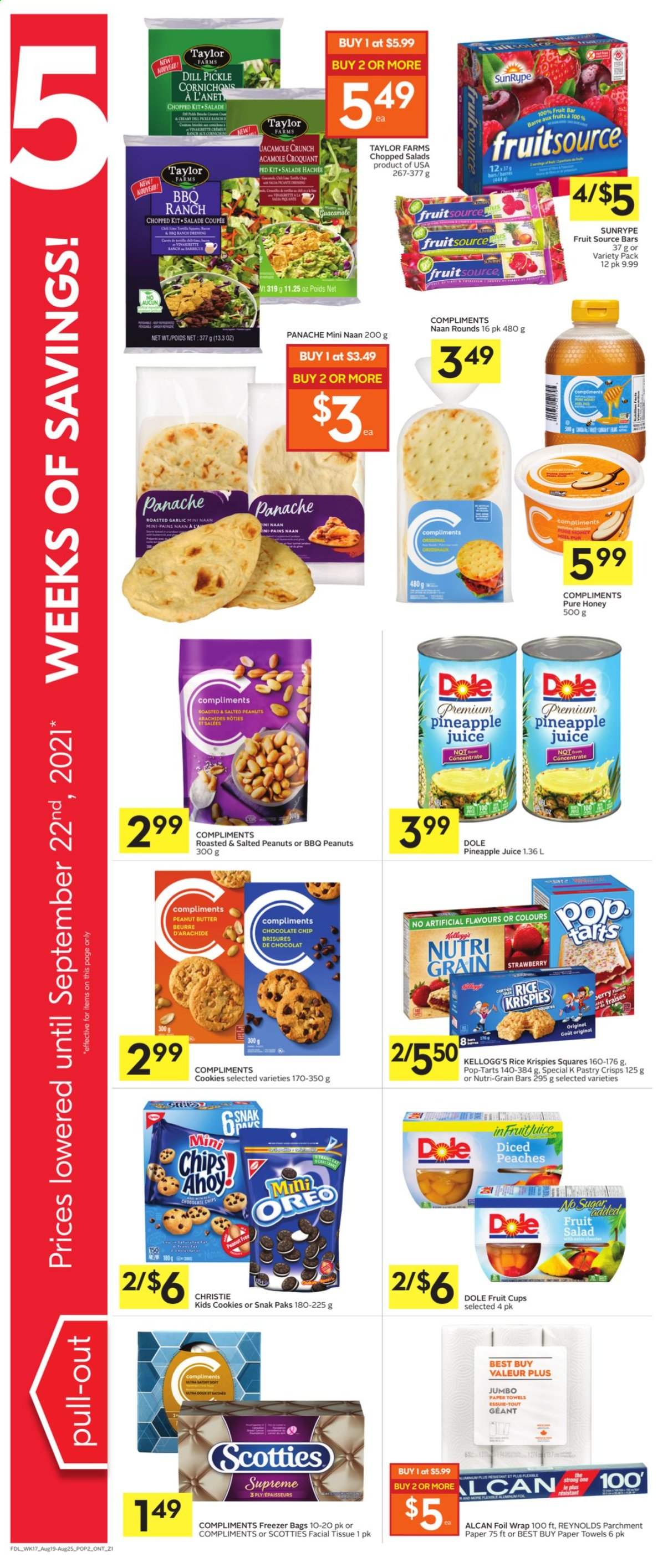 thumbnail - Foodland Flyer - August 19, 2021 - August 25, 2021 - Sales products - salad, Dole, chopped salad, pineapple, fruit cup, ranch dressing, cookies, Kellogg's, Pop-Tarts, dill pickle, fruit salad, Rice Krispies, Nutri-Grain, dill, dressing, honey, peanut butter, peanuts, pineapple juice, juice, Oreo. Page 4.