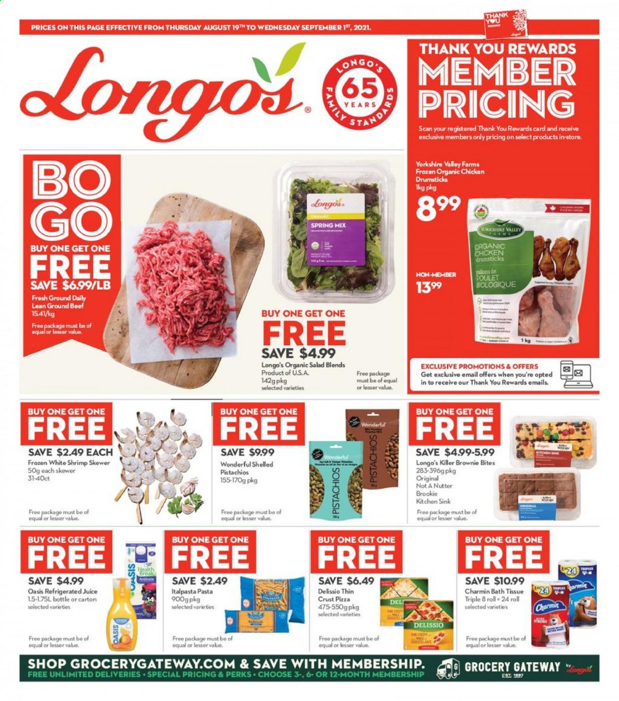 thumbnail - Longo's Flyer - August 19, 2021 - September 01, 2021 - Sales products - brownies, salad, shrimps, pizza, pasta, pistachios, juice, chicken drumsticks, chicken, beef meat, ground beef, bath tissue, Charmin. Page 1.