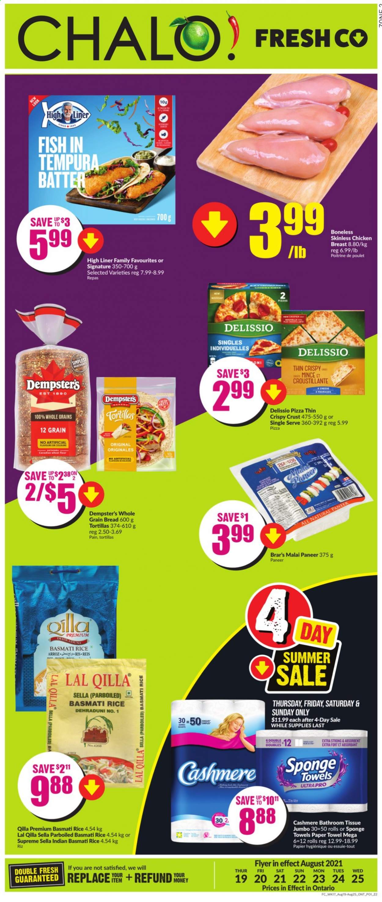 thumbnail - Chalo! FreshCo. Flyer - August 19, 2021 - August 25, 2021 - Sales products - bread, tortillas, fish, pizza, paneer, basmati rice, chicken breasts, chicken. Page 1.