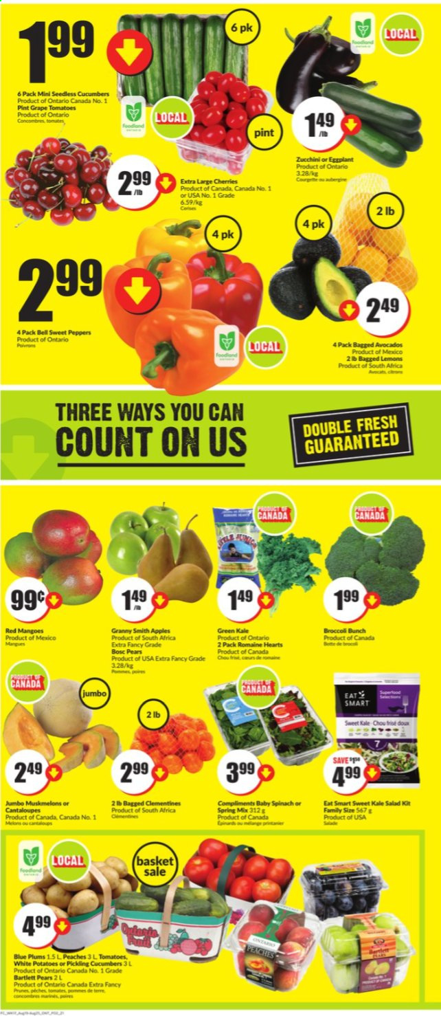 thumbnail - Chalo! FreshCo. Flyer - August 19, 2021 - August 25, 2021 - Sales products - broccoli, cantaloupe, cucumber, sweet peppers, zucchini, kale, potatoes, salad, peppers, apples, avocado, Bartlett pears, clementines, mango, plums, cherries, pears, lemons, peaches, Granny Smith, prunes, dried fruit. Page 2.