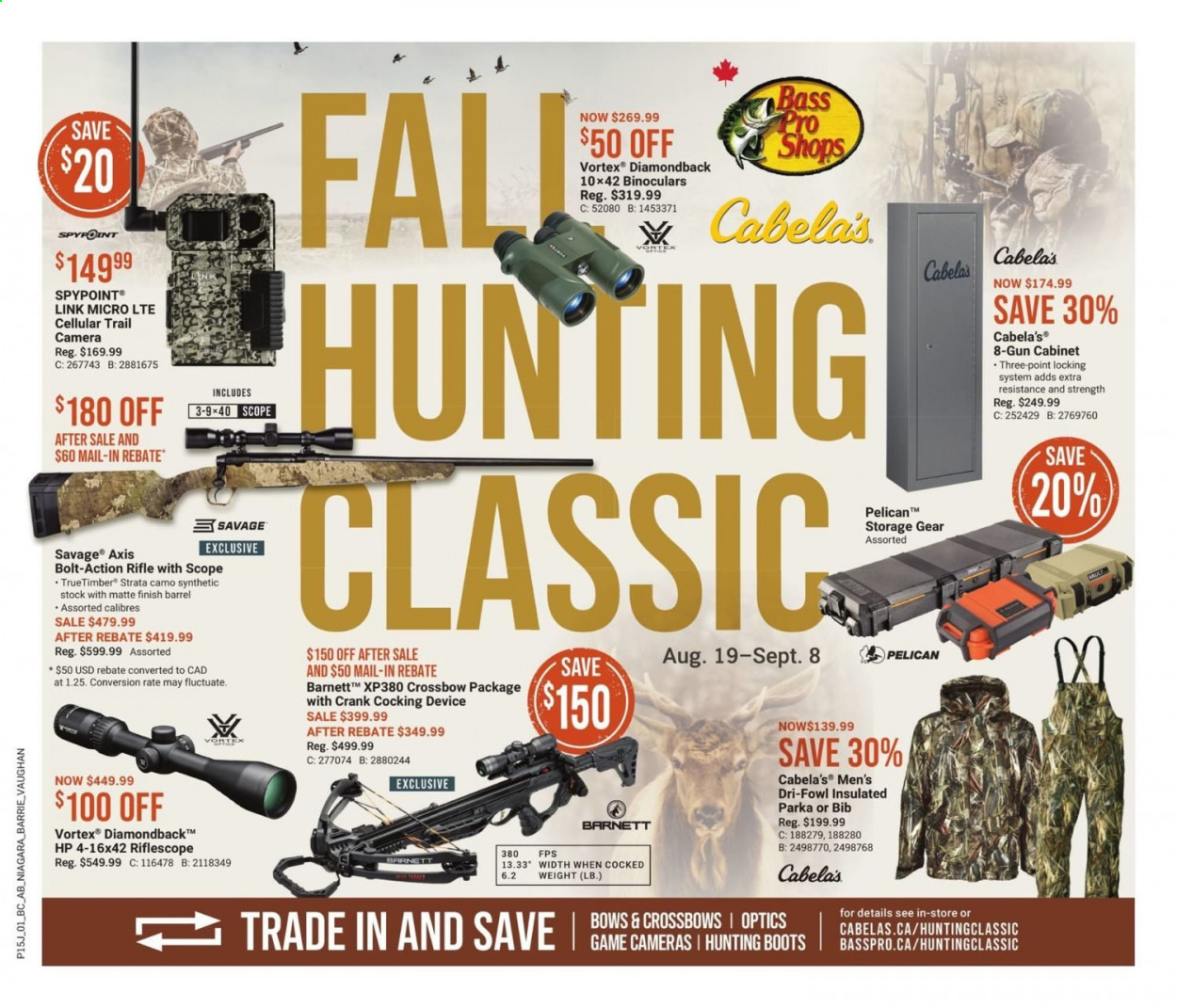 thumbnail - Bass Pro Shops Flyer - August 19, 2021 - September 08, 2021 - Sales products - trail cam, Hewlett Packard, boots, hunting boots, Bass Pro, binoculars, riflescope, gun, savage, scope, parka. Page 1.