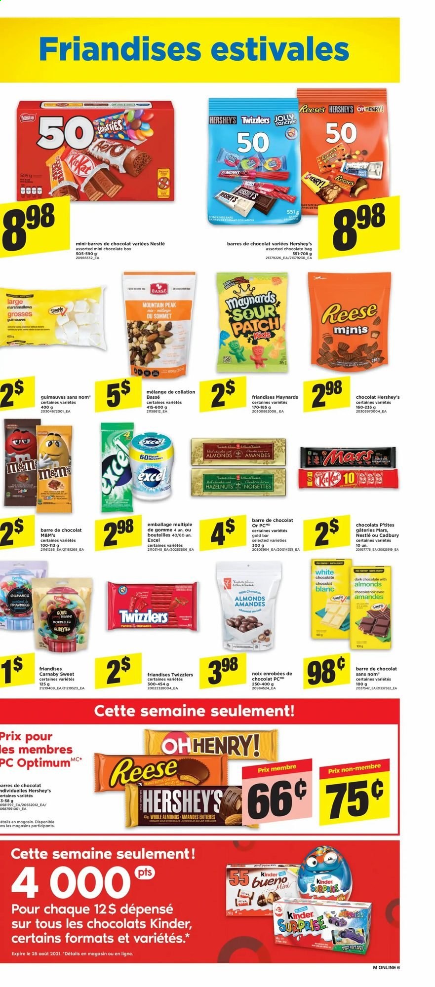 thumbnail - Maxi Flyer - August 19, 2021 - August 25, 2021 - Sales products - Reese's, Hershey's, marshmallows, white chocolate, chocolate, Mars, Kinder Bueno, dark chocolate, Cadbury, Sour Patch, almonds, hazelnuts, Nestlé, M&M's. Page 11.