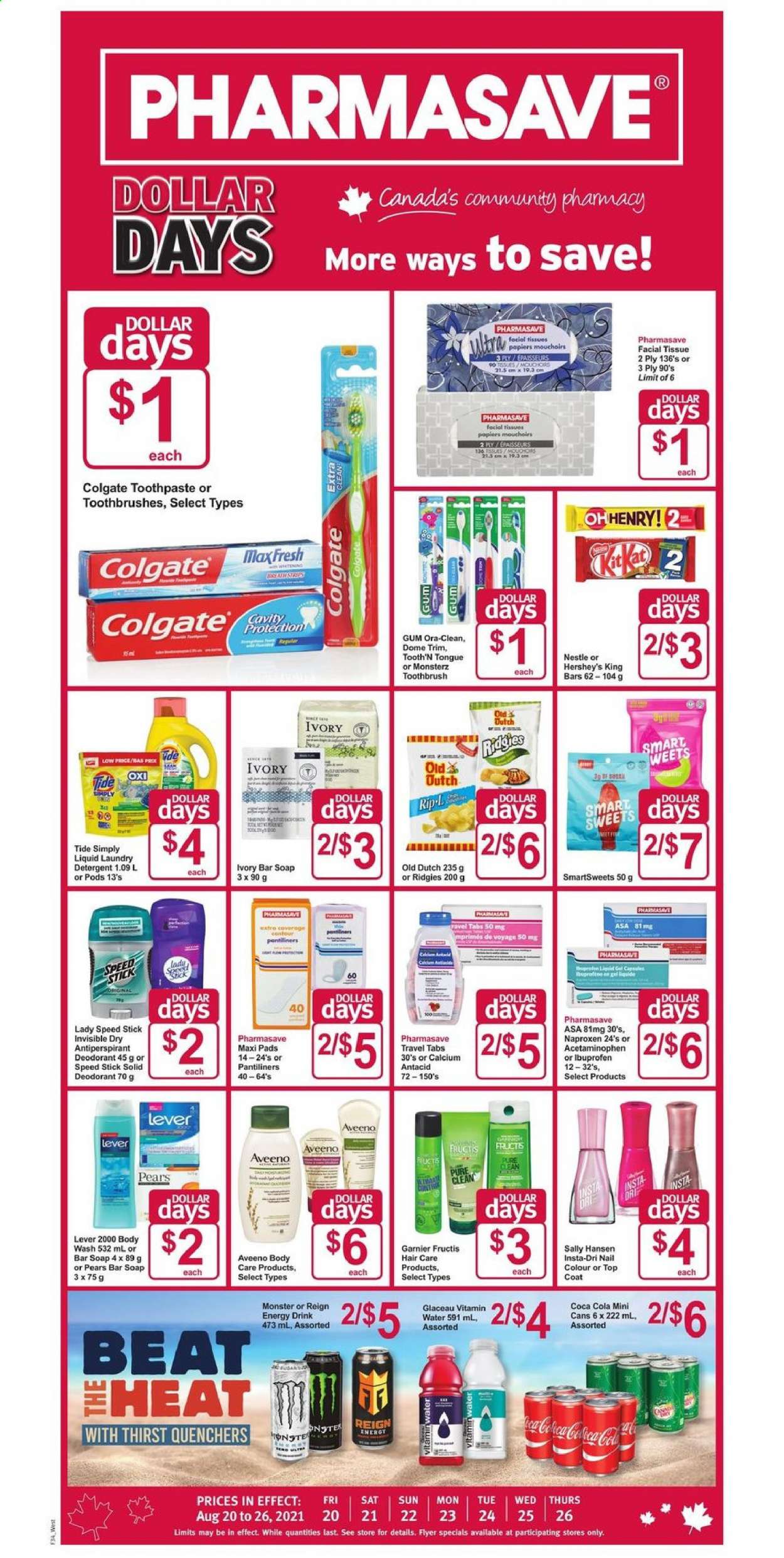 thumbnail - Pharmasave Flyer - August 20, 2021 - August 26, 2021 - Sales products - pears, Hershey's, Coca-Cola, energy drink, Monster, vitamin water, Aveeno, tissues, Tide, laundry detergent, body wash, soap bar, soap, toothbrush, toothpaste, pantiliners, sanitary pads, facial tissues, Fructis, anti-perspirant, Speed Stick, top coat, contour, coat, Ibuprofen, Antacid, Nestlé, Garnier, Sally Hansen, deodorant. Page 1.
