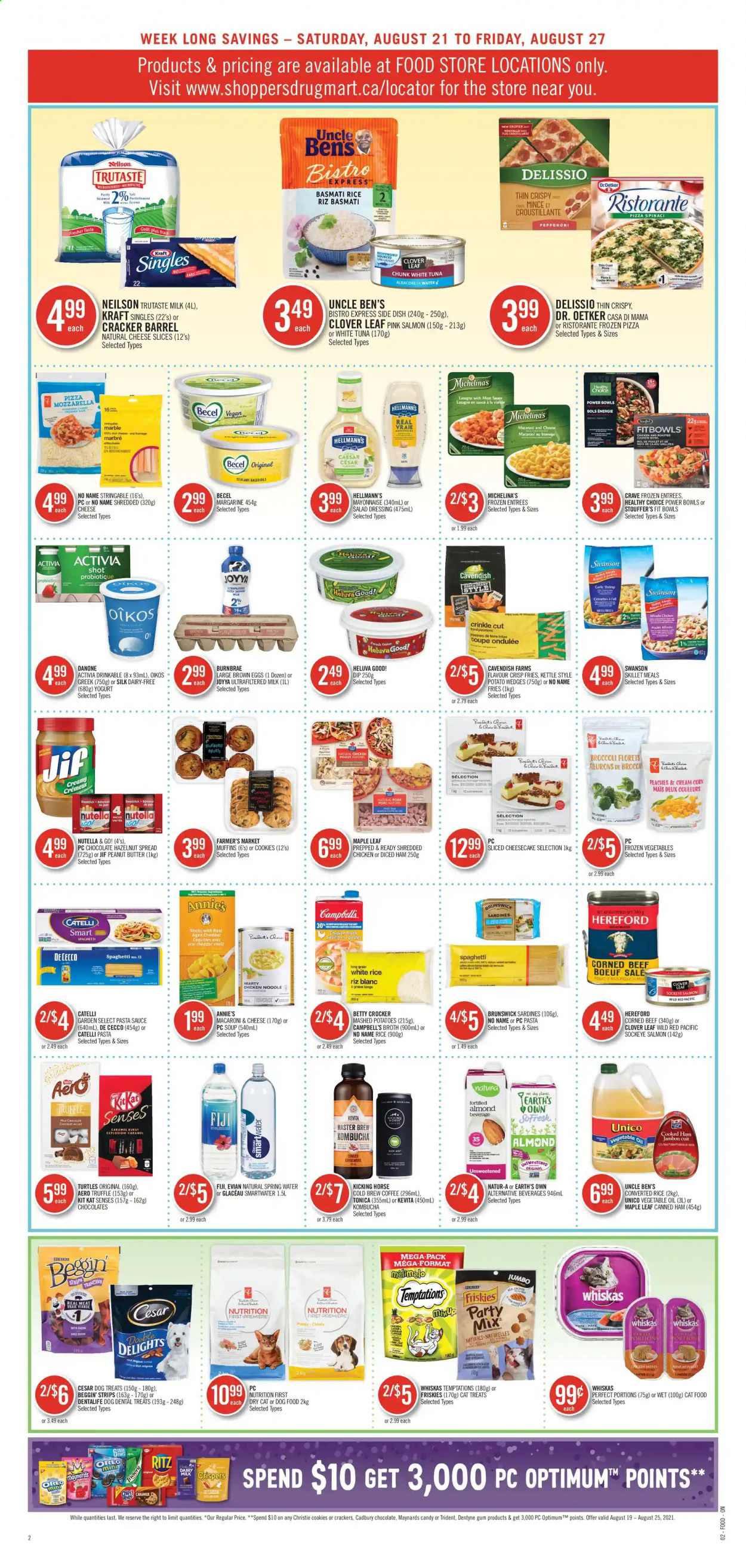 thumbnail - Shoppers Drug Mart Flyer - August 21, 2021 - August 27, 2021 - Sales products - cookies, chocolate, truffles, KitKat, crackers, muffin, Cadbury, Trident, Annie's, RITZ, bouillon, semolina, chicken broth, Dr. Oetker, broth, corn, corned beef, sardines, pasta sauce, soup, Uncle Ben's, basmati rice, spaghetti, white rice, noodles, Campbell's, caramel, salad dressing, dressing, Hellmann’s, Kraft®, vegetable oil, oil, peanut butter, hazelnut spread, Jif, Clover, spring water, Smartwater, Evian, kombucha, KeVita, coffee, Go!, Oreo, Nutella. Page 6.