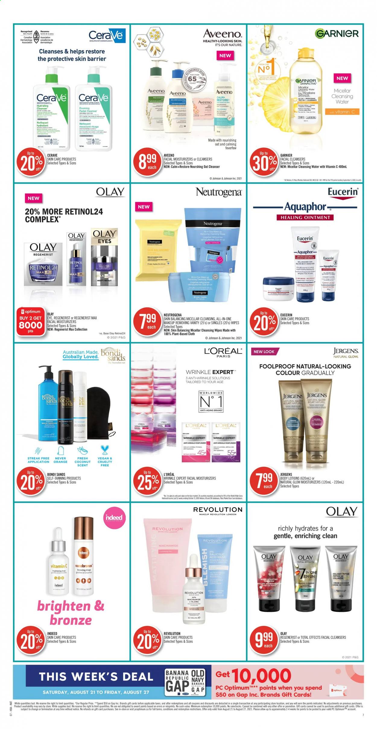 thumbnail - Shoppers Drug Mart Flyer - August 21, 2021 - August 27, 2021 - Sales products - oats, cleansing wipes, wipes, Johnson's, Aquaphor, Aveeno, ointment, CeraVe, cleanser, Clinique, L’Oréal, micellar water, moisturizer, Olay, Bondi Sands, Niacinamide, body lotion, Jergens, self tanning product, Eclat, makeup, contour, zinc, Eucerin, Garnier, Neutrogena. Page 9.