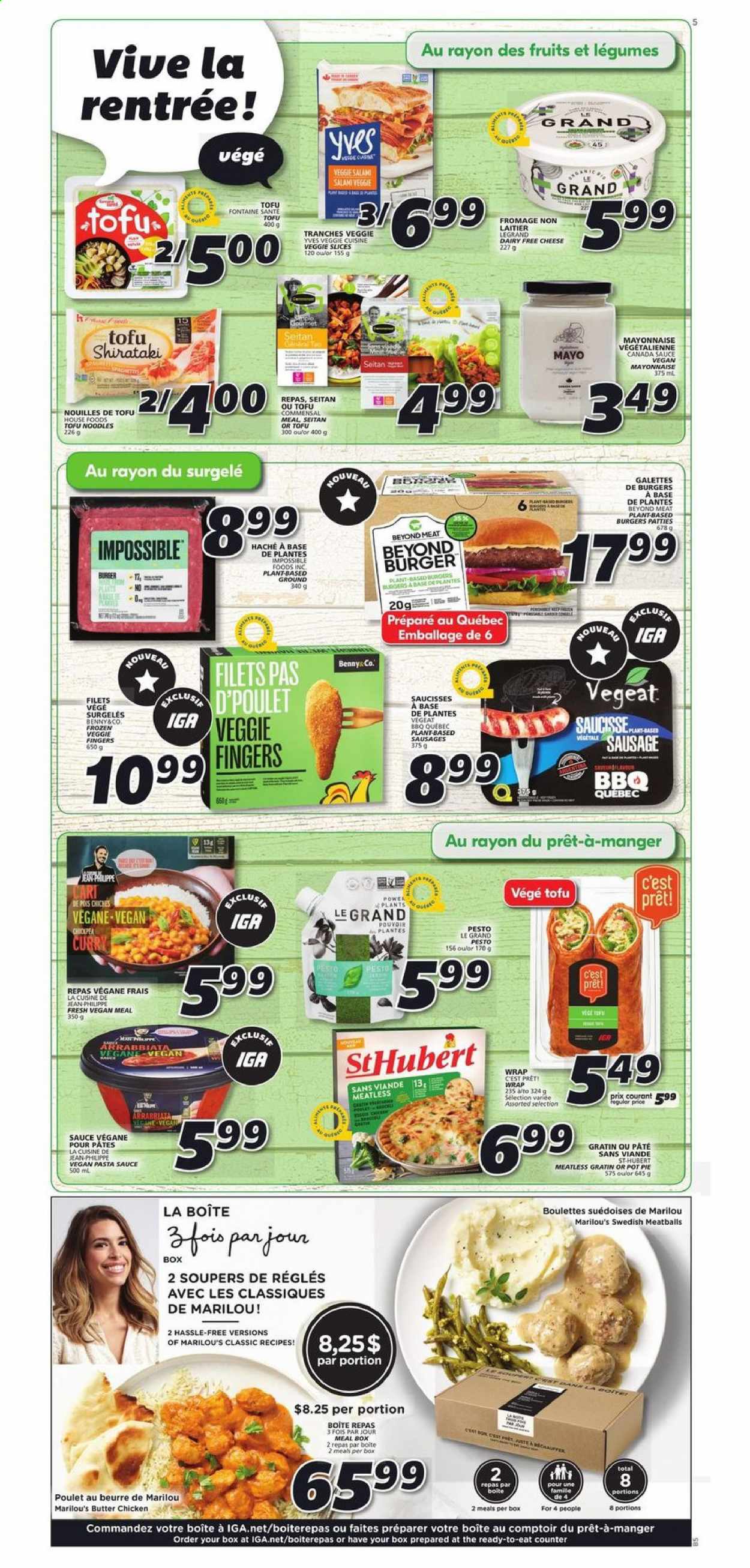 thumbnail - IGA Flyer - August 26, 2021 - September 01, 2021 - Sales products - pie, pot pie, pasta sauce, meatballs, hamburger, sauce, noodles, sausage, cheese, tofu, mayonnaise. Page 4.