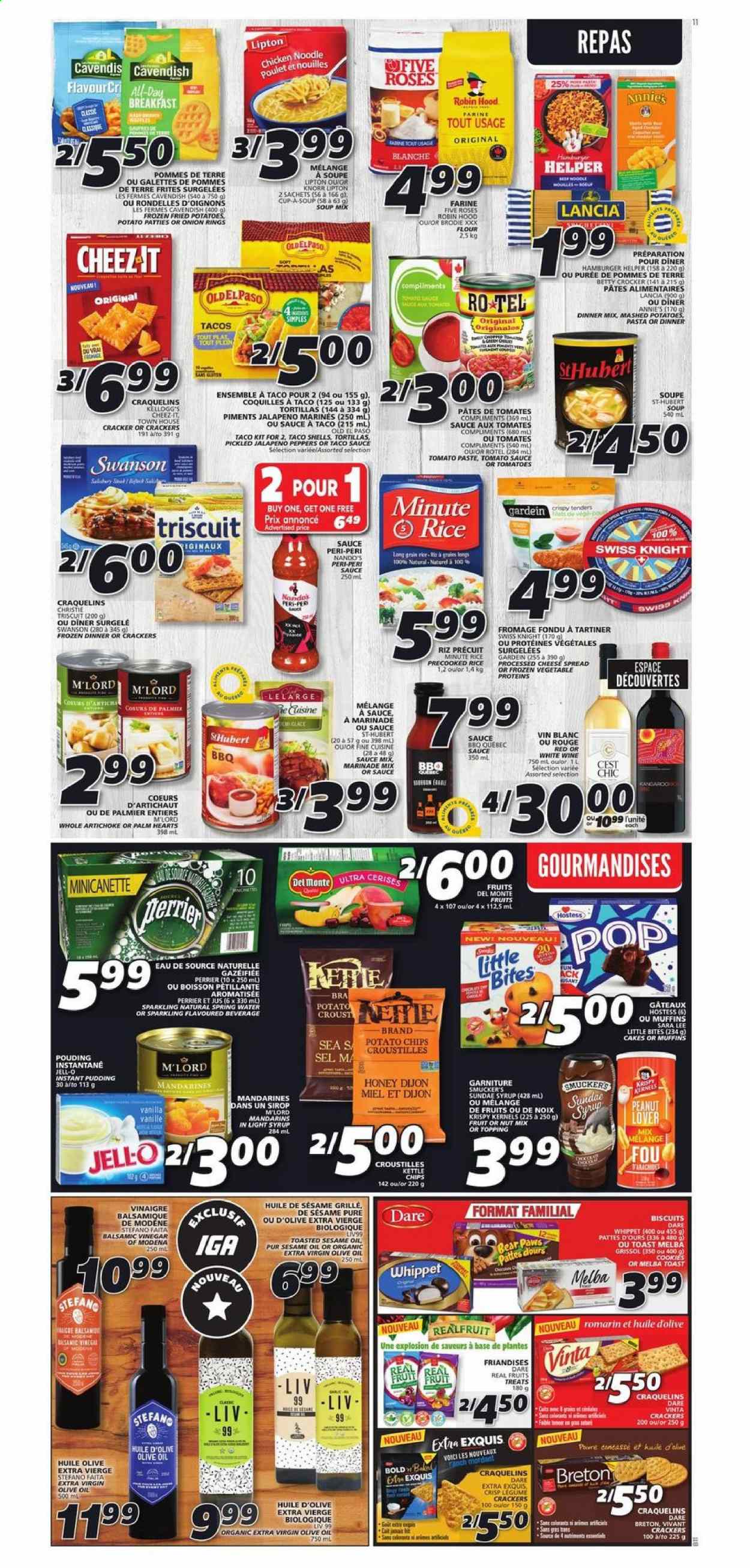 thumbnail - IGA Flyer - August 26, 2021 - September 01, 2021 - Sales products - tortillas, cake, Old El Paso, tacos, Sara Lee, artichoke, jalapeño, mandarines, mashed potatoes, soup mix, soup, noodles, Annie's, cheese spread, pudding, cookies, crackers, Kellogg's, Little Bites, potato chips, Cheez-It, topping, tomato paste, tomato sauce, taco sauce, marinade, extra virgin olive oil, sesame oil, olive oil, honey, syrup, Perrier, spring water, Knorr. Page 10.