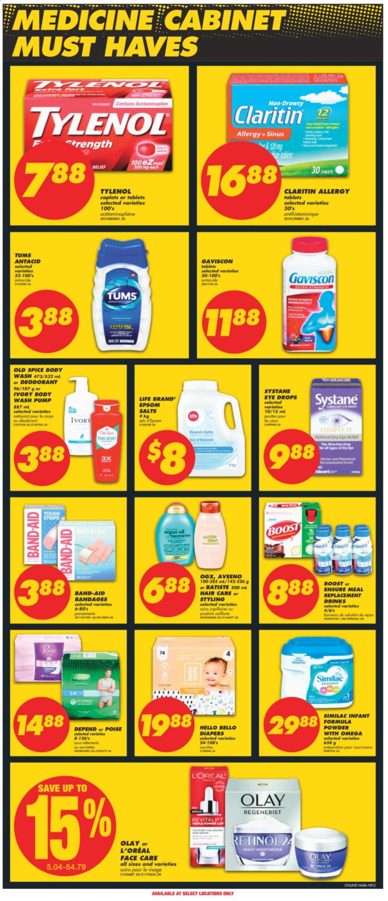 thumbnail - No Frills Flyer - August 26, 2021 - September 01, 2021 - Sales products - strips, spice, Boost, Similac, nappies, Aveeno, body wash, L’Oréal, moisturizer, serum, Olay, OGX, anti-perspirant, Tylenol, eye drops, argan oil, Gaviscon, Antacid, shampoo, Systane, Old Spice, pump, deodorant. Page 10.