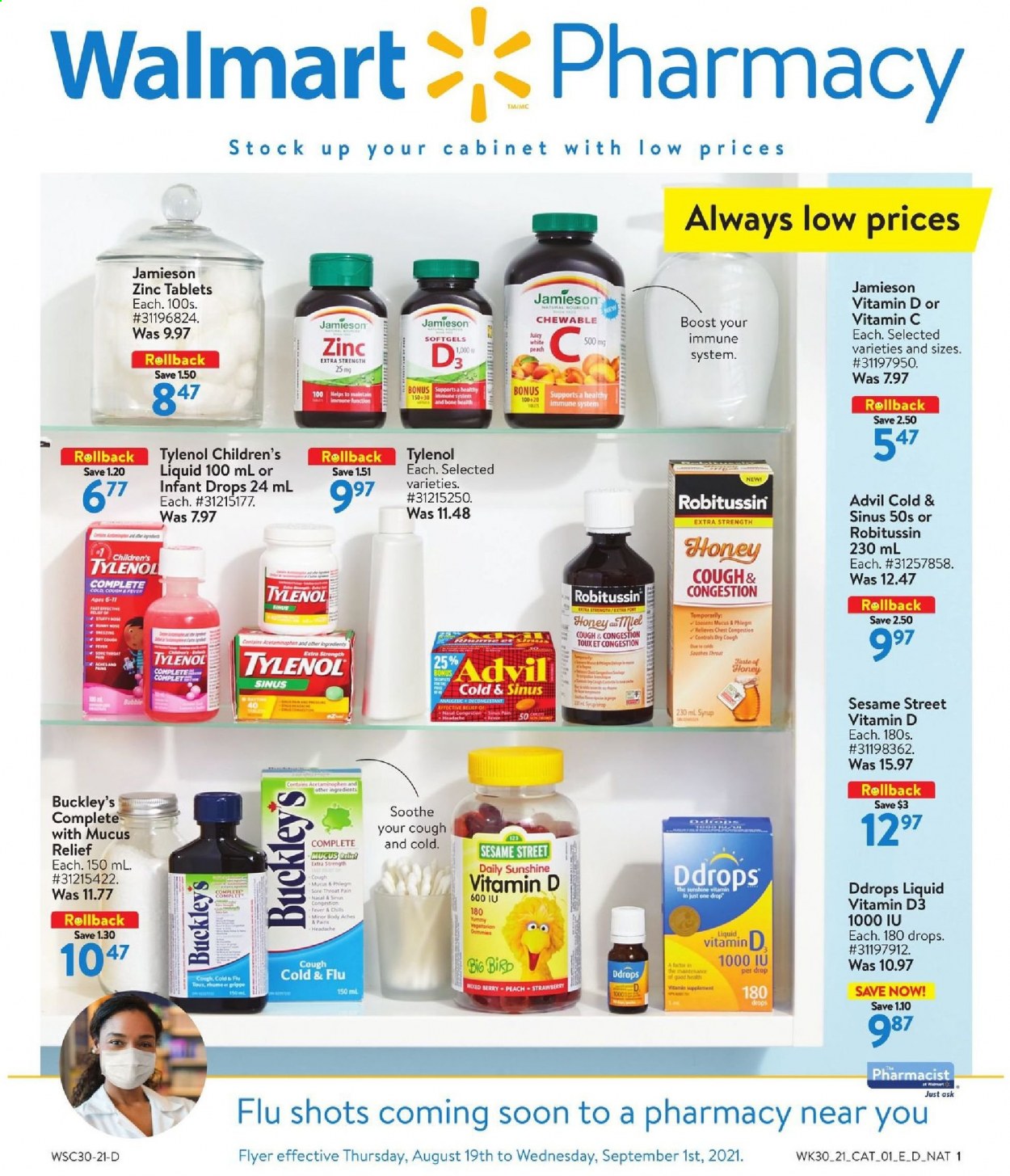 thumbnail - Walmart Flyer - August 19, 2021 - September 01, 2021 - Sales products - Sunshine, Sesame Street, syrup, Boost, BIC, cabinet, Cold & Flu, Tylenol, vitamin c, Advil Rapid, zinc, vitamin D3, Robitussin. Page 1.