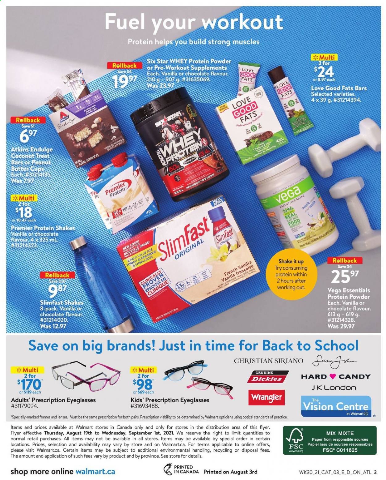 thumbnail - Walmart Flyer - August 19, 2021 - September 01, 2021 - Sales products - coconut, Slimfast, protein drink, shake, peanut butter cups, Clinique, lenses, eye glasses, Dickies, whey protein. Page 3.