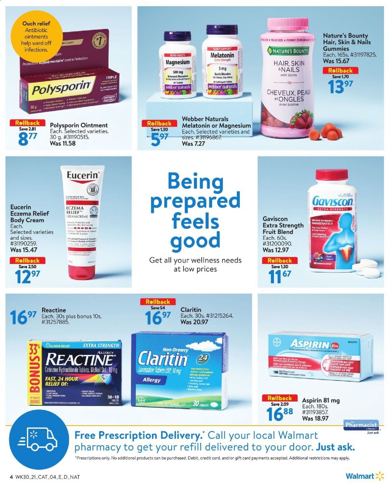 thumbnail - Walmart Flyer - August 19, 2021 - September 01, 2021 - Sales products - oatmeal, ointment, Biotin, magnesium, Nature's Bounty, Gaviscon, aspirin, Eucerin. Page 4.