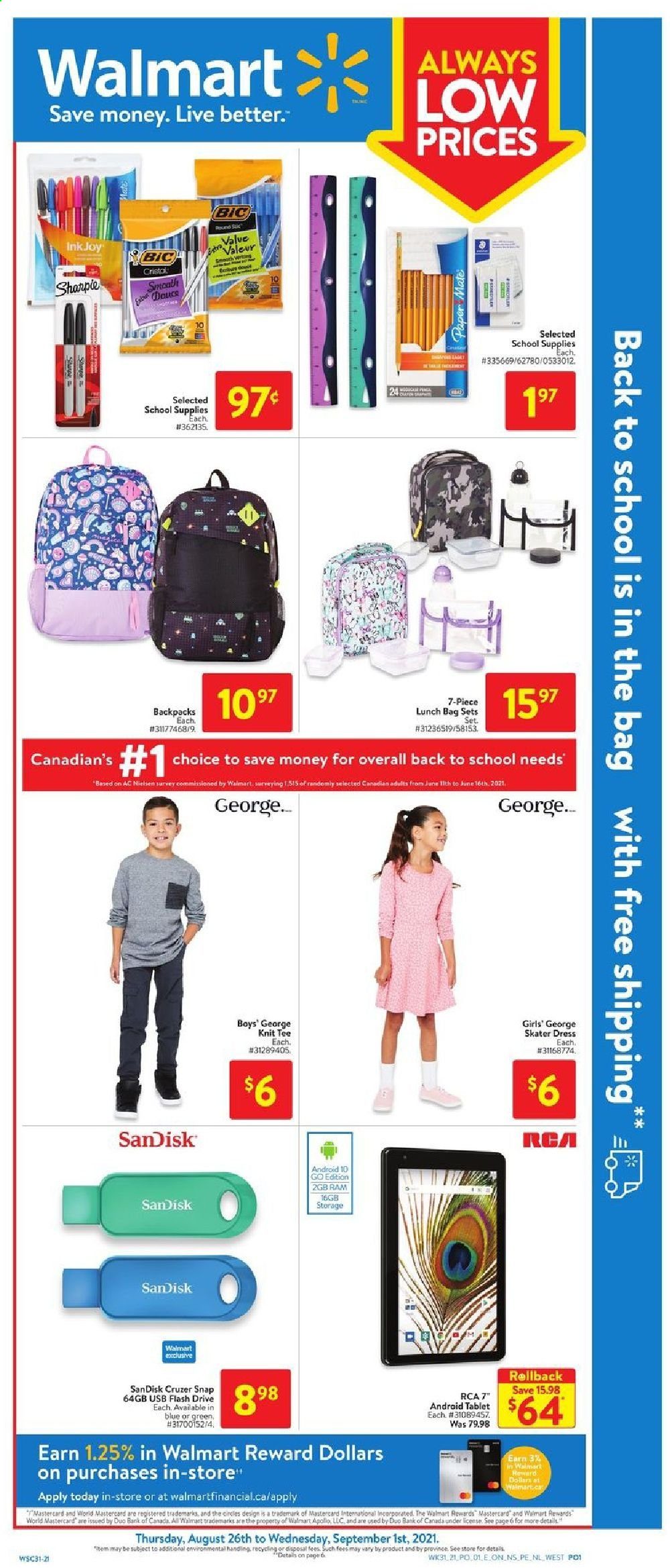 thumbnail - Walmart Flyer - August 26, 2021 - September 01, 2021 - Sales products - Sandisk, tablet, BIC, Sharpie, flash drive, RCA, dress. Page 1.