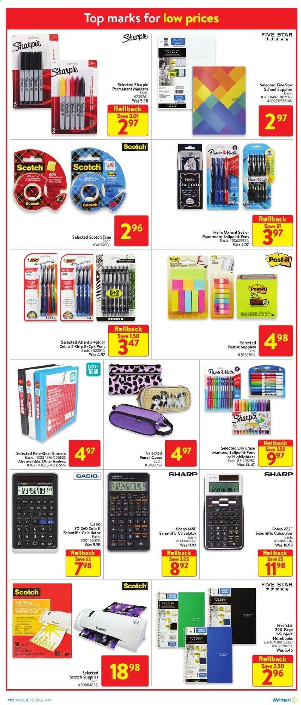 thumbnail - Walmart Flyer - August 26, 2021 - September 01, 2021 - Sales products - Sharp, pen, calculator, pencil, Post-It, Paper Mate, Sharpie. Page 2.