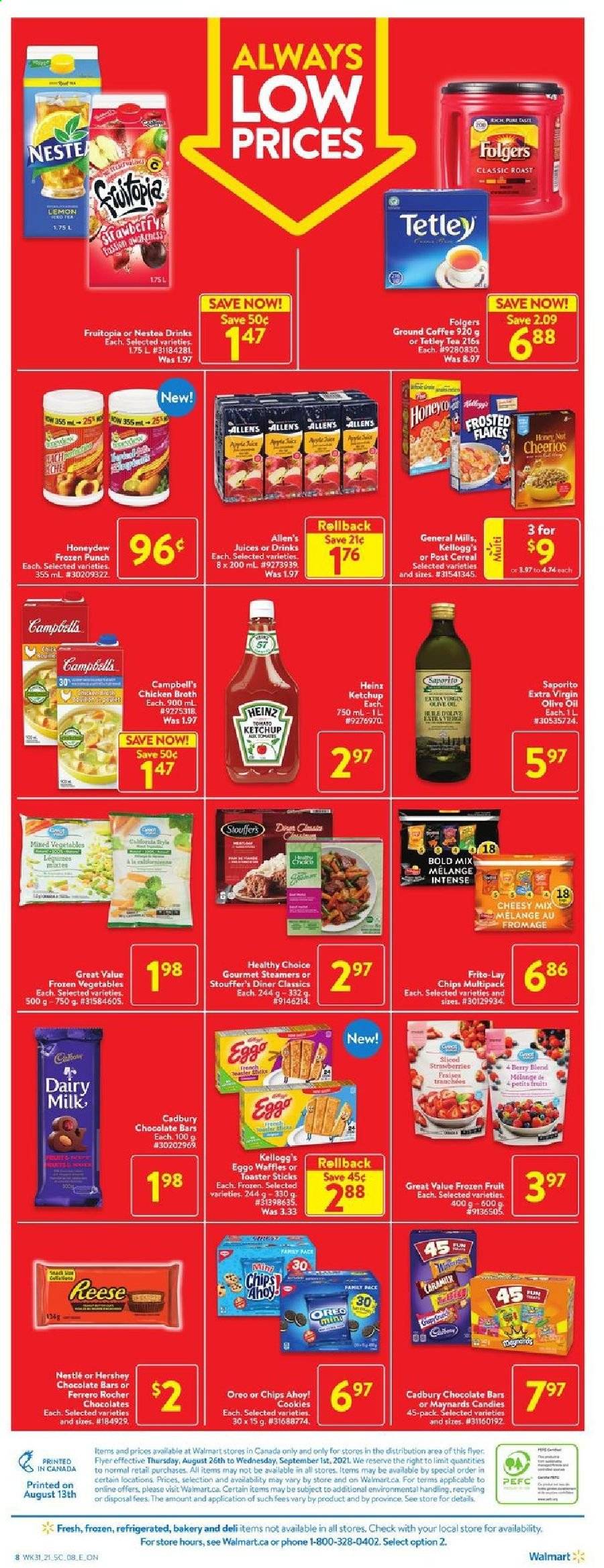 thumbnail - Walmart Flyer - August 26, 2021 - September 01, 2021 - Sales products - waffles, honeydew, Campbell's, Healthy Choice, eggs, frozen vegetables, Stouffer's, cookies, Kellogg's, Cadbury, Dairy Milk, Chips Ahoy!, chocolate bar, Frito-Lay, chicken broth, broth, Heinz, cereals, Cheerios, Frosted Flakes, extra virgin olive oil, olive oil, oil, juice, tea, coffee, Folgers, ground coffee, punch, Nestlé, toaster. Page 5.