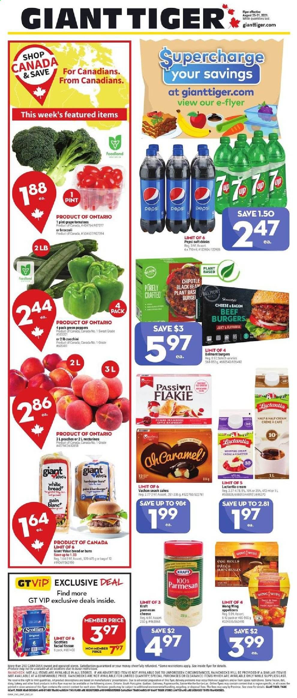 thumbnail - Giant Tiger Flyer - August 25, 2021 - August 31, 2021 - Sales products - bread, white bread, cake, buns, broccoli, zucchini, peppers, peaches, hamburger, egg rolls, beef burger, Kraft®, bacon, parmesan, snack, Pepsi, soft drink, L'Or, tissues. Page 1.