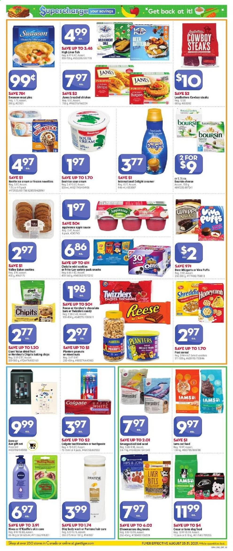 thumbnail - Giant Tiger Flyer - August 25, 2021 - August 31, 2021 - Sales products - puffs, fish, hamburger, sauce, fried chicken, cheese, sour cream, creamer, Hershey's, strips, chicken strips, cookies, snack, chocolate bar, baking chips, cereals, apple sauce, peanuts, dried fruit, mixed nuts, Planters, beer, body wash, toothpaste, Olay, gift set, animal food, bird food, cat food, dog food, plant seeds, Iams, Oreo, Nestlé, Pantene, Nivea, steak. Page 2.