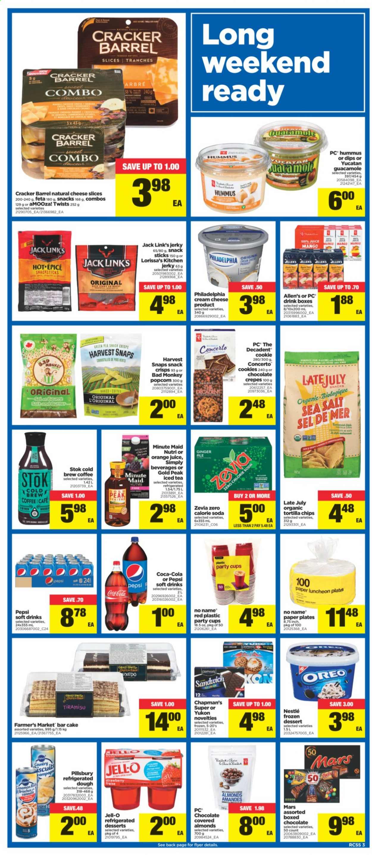 thumbnail - Real Canadian Superstore Flyer - August 26, 2021 - September 01, 2021 - Sales products - Apple, cake, tiramisu, No Name, sandwich, Pillsbury, jerky, hummus, guacamole, lunch meat, cream cheese, sliced cheese, cheese, feta, butter, ice cream, cookies, snack, Mars, crackers, dark chocolate, tortilla chips, popcorn, Jack Link's, Jell-O, Harvest Snaps, almonds, Coca-Cola, ginger ale, Pepsi, orange juice, juice, ice tea, soft drink, fruit punch, soda, coffee, plate, cup, paper, paper plate, party cups, monkey, Oreo, Nestlé. Page 3.